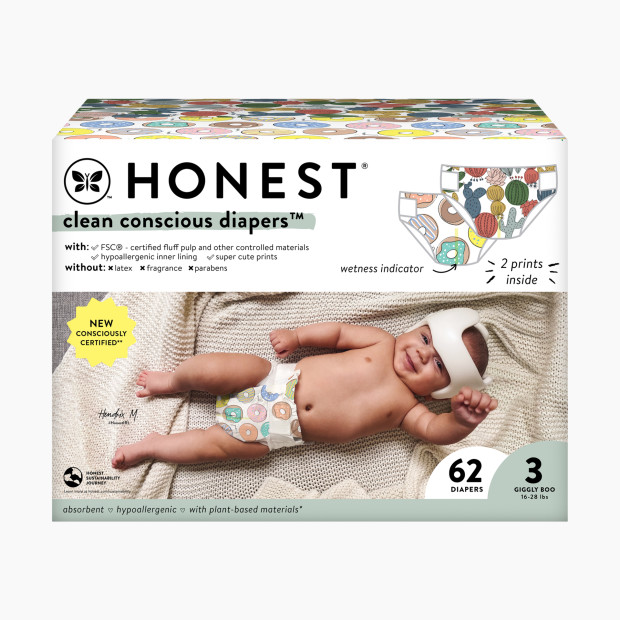 The Honest Company Clean Conscious Disposable Diapers - Cactus Cuties + Donuts, Size 3, 62 Count.