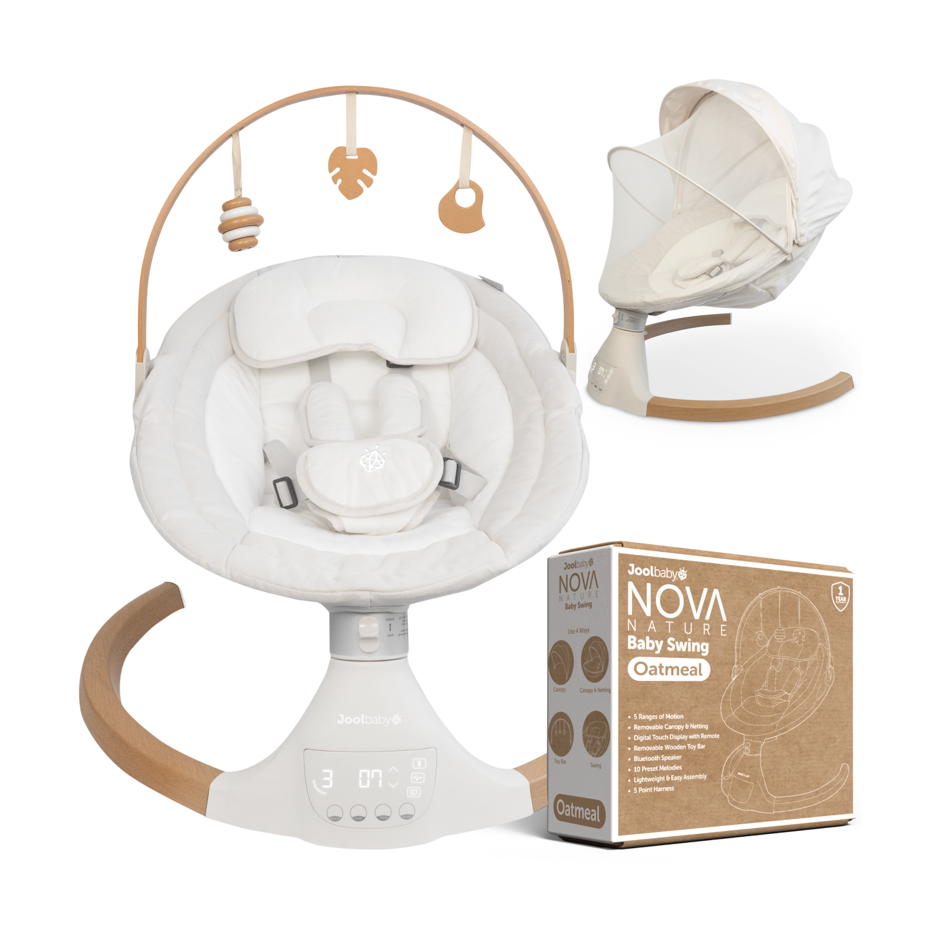 Jool Baby Nova Nature Baby Swing for Newborns with Natural Wood Toys, Electric Motorized Infant Swing, Bluetooth Music, Remote (Oatmeal)