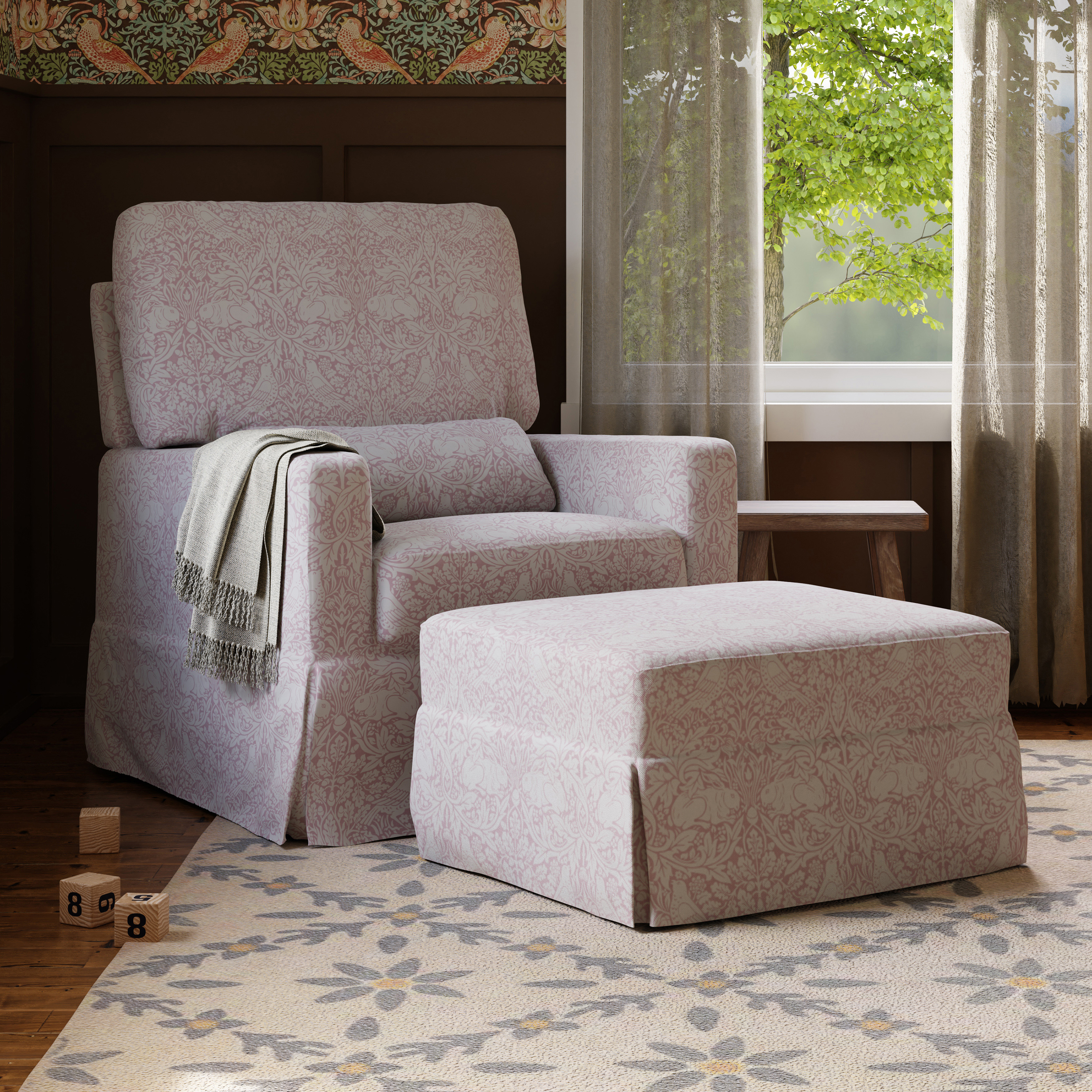 Namesake Morris & Co. x Namesake Crawford Gliding Ottoman - Pure Brer Rabbit In Rose Performance Eco-Weave.