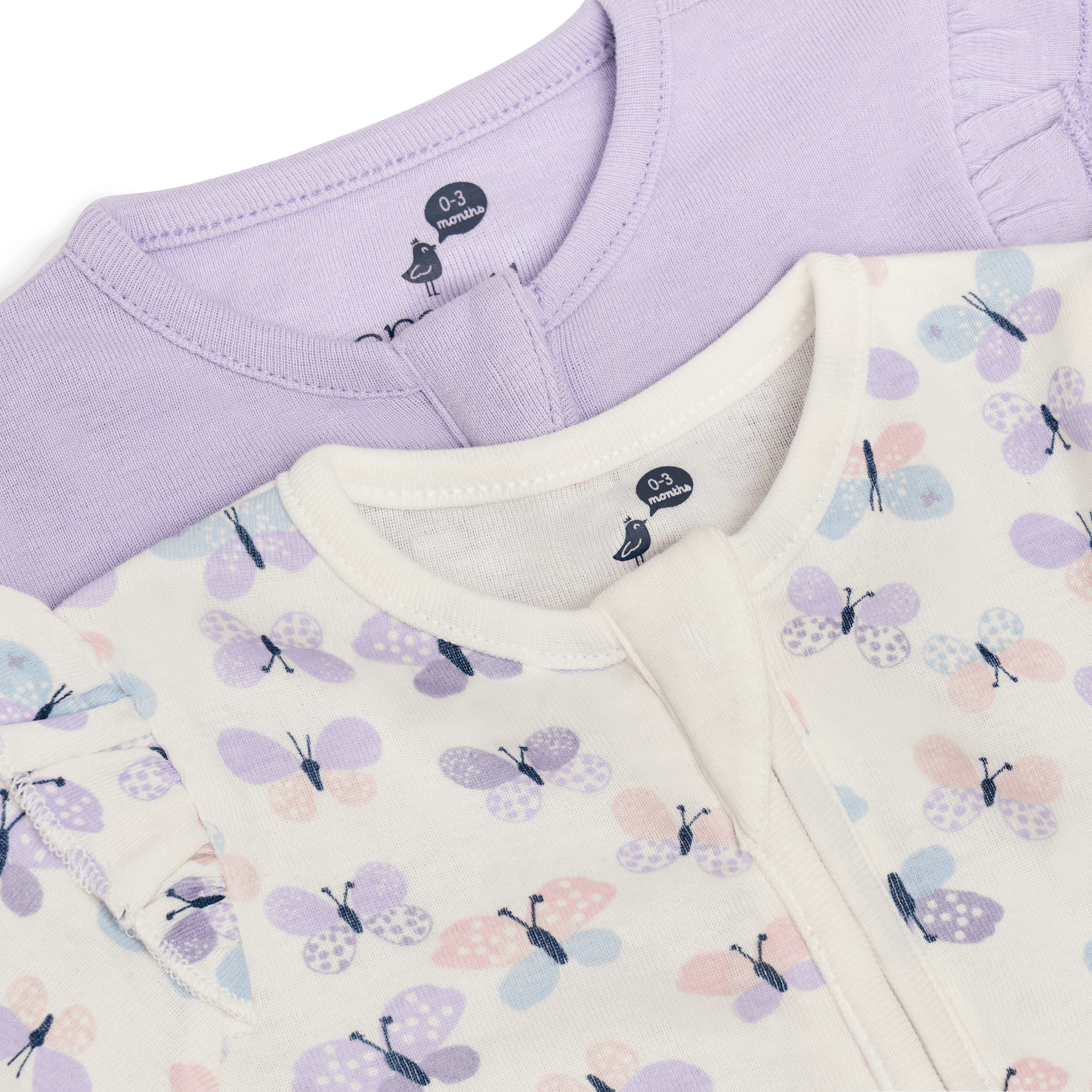 Small Story Organic Cotton Ruffle 2-Way Zip Footie (2 Pack) - Butterfly & Solid Lavendar, 0-3 M.
