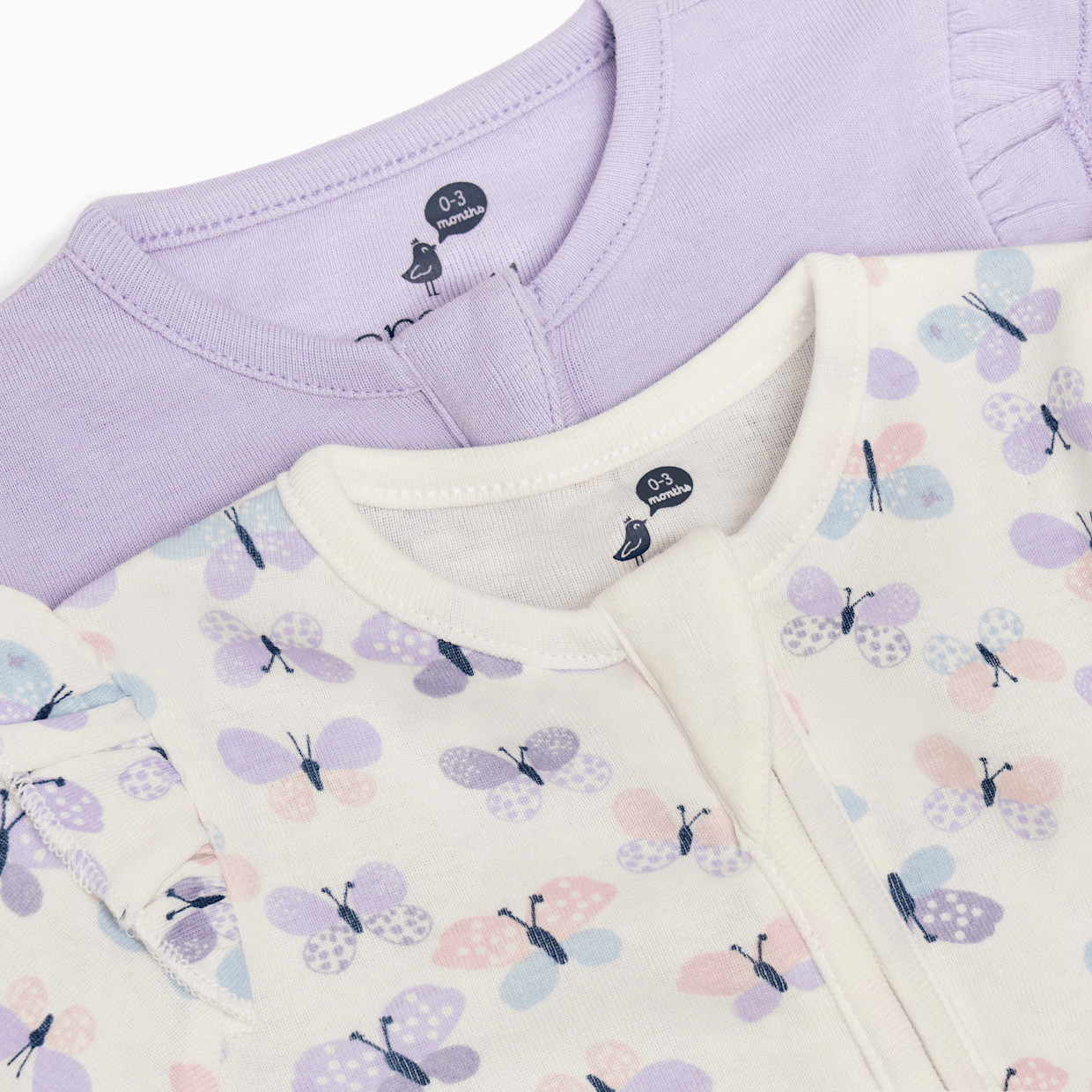 Small Story Organic Cotton Ruffle 2-Way Zip Footie (2 Pack) - Butterfly & Solid Lavendar, 0-3 M.