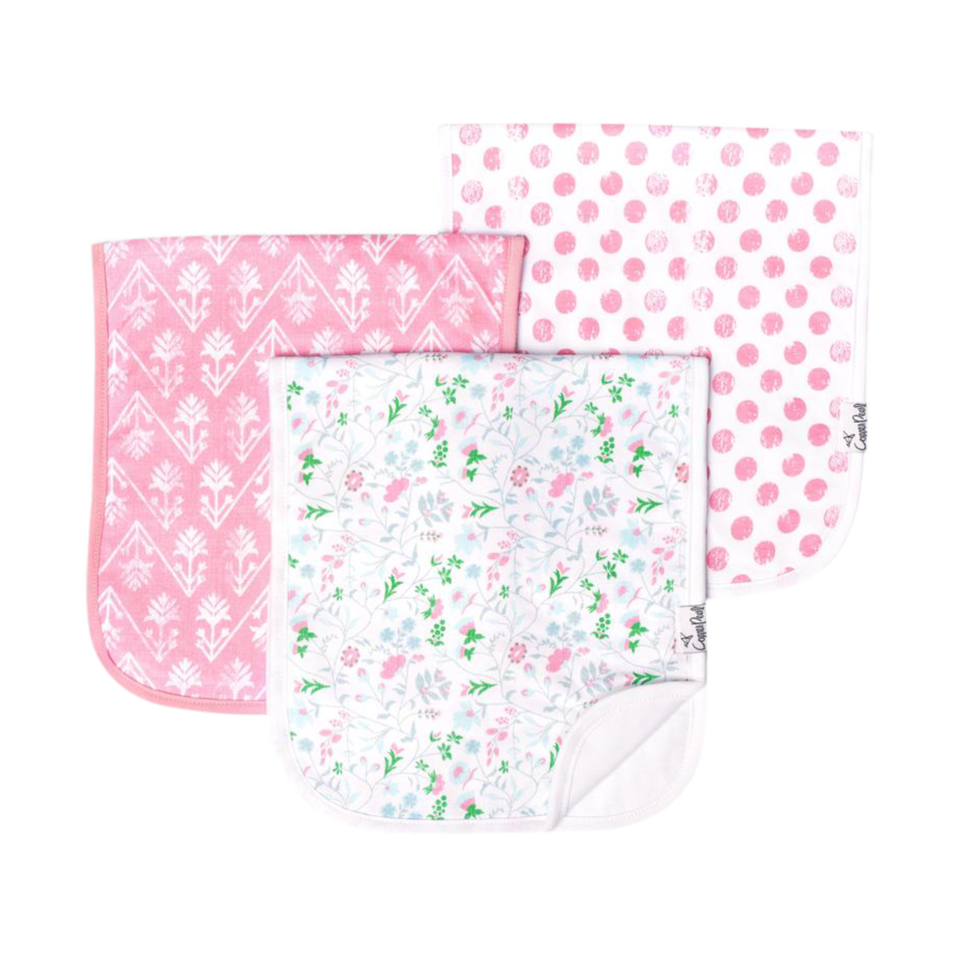 Copper Pearl Premium Baby Burp Cloths - 3-Pack Large Cotton Burp Cloths, Extra Soft Spit Up Rags with 3 Absorbent Layers, Perfect for Baby Girl Gifts (21" x 10" Size, Claire Set)