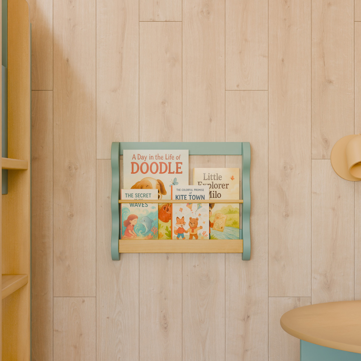 babyletto Lido Wave Book Rack - Light Sage/Honey.