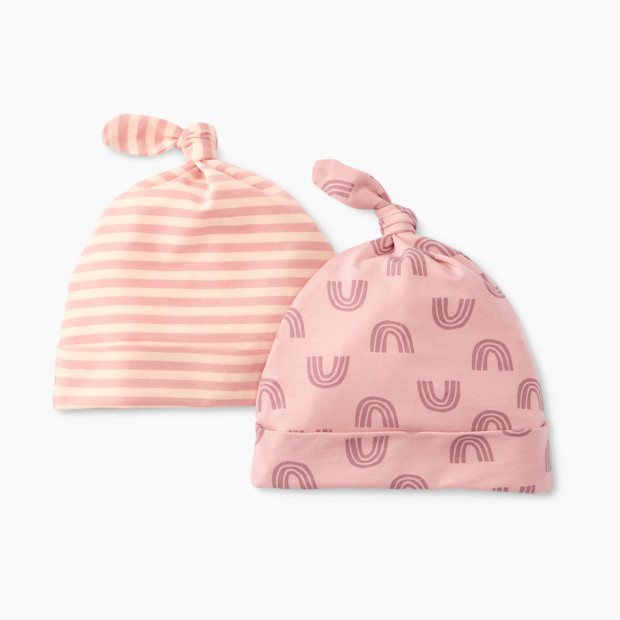 Hanna Andersson 2-Pack Baby Layette Top Knot Beanie in HannaSoft™ - Blush Pink Rainbow, 3-12 Months.