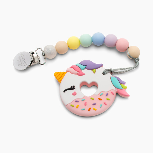 Loulou Lollipop Silicone Teether with Metal Clip - Unicorn Donut (Cotton Candy).