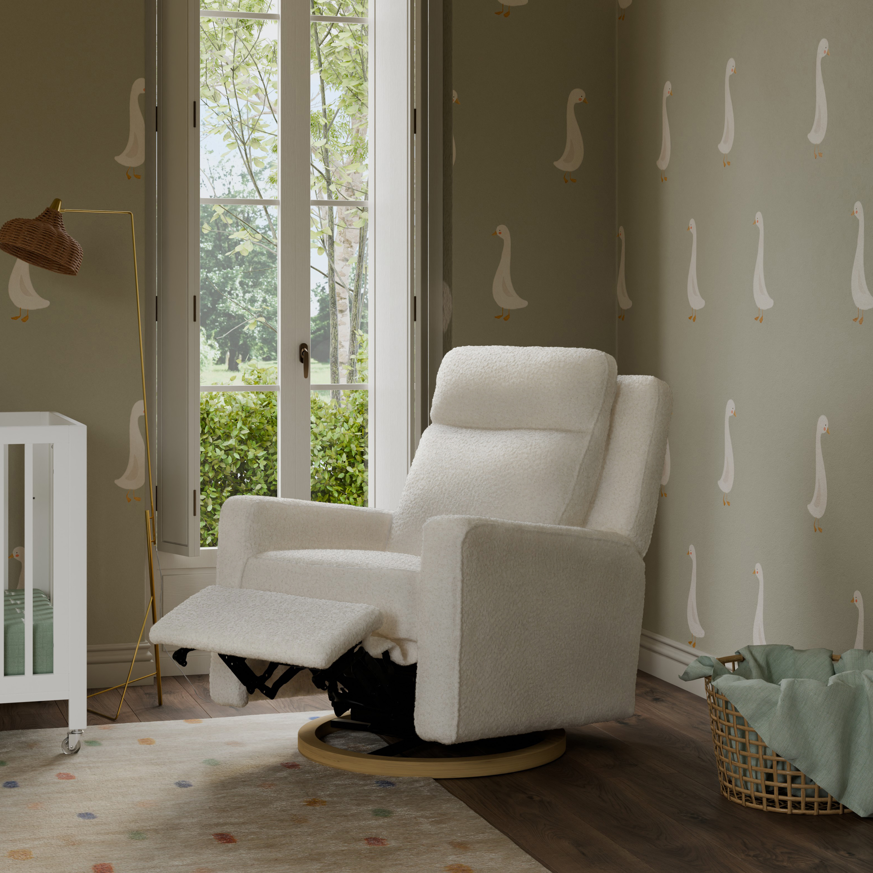 babyletto Sigi Pro Power Recliner and Swivel Glider - Cream Shearling With Light Wood Base.