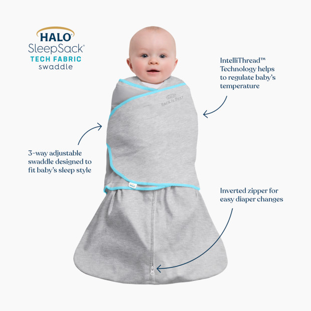 Halo Ideal Temp SleepSack Swaddle - Heather Grey/Aqua, Newborn.