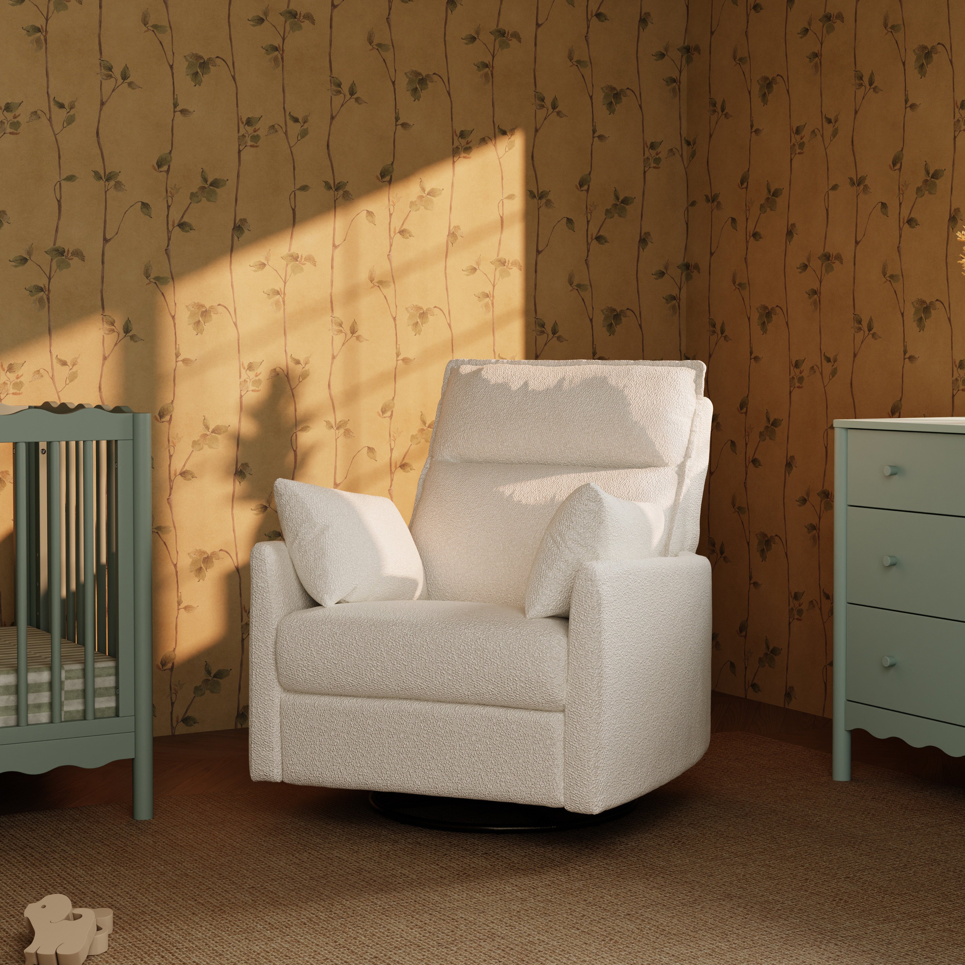 babyletto Nori Extra Wide Electronic Recliner and Swivel Glider - Performance Ivory Boucle.