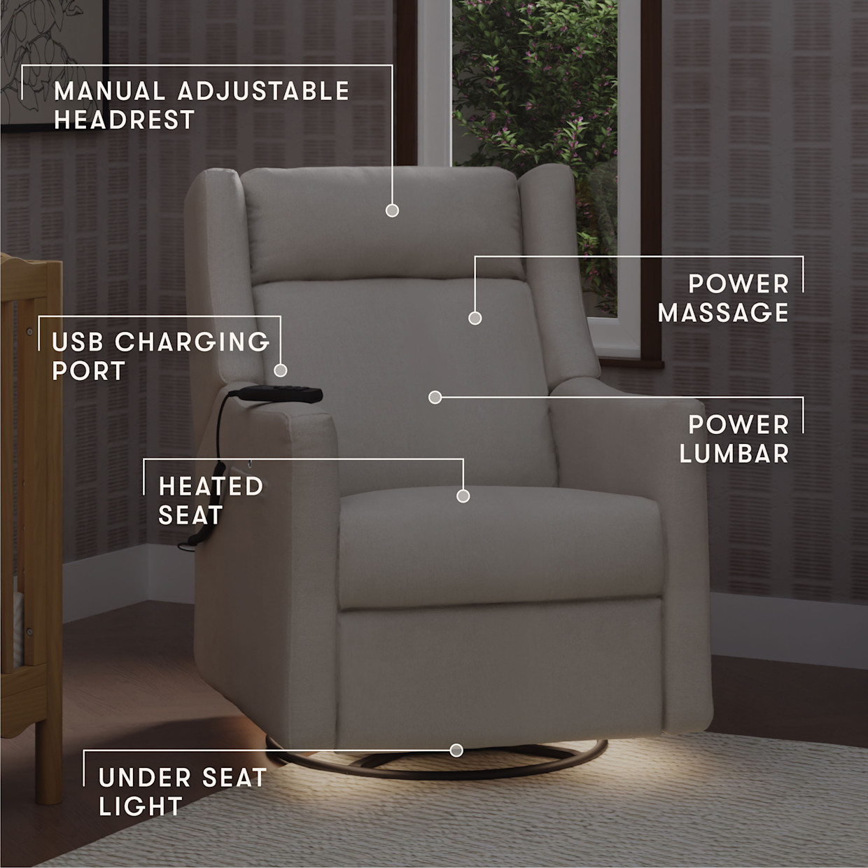 babyletto Kiwi Deluxe Power Recliner and Swivel Glider - Performance Cream Eco-Weave.