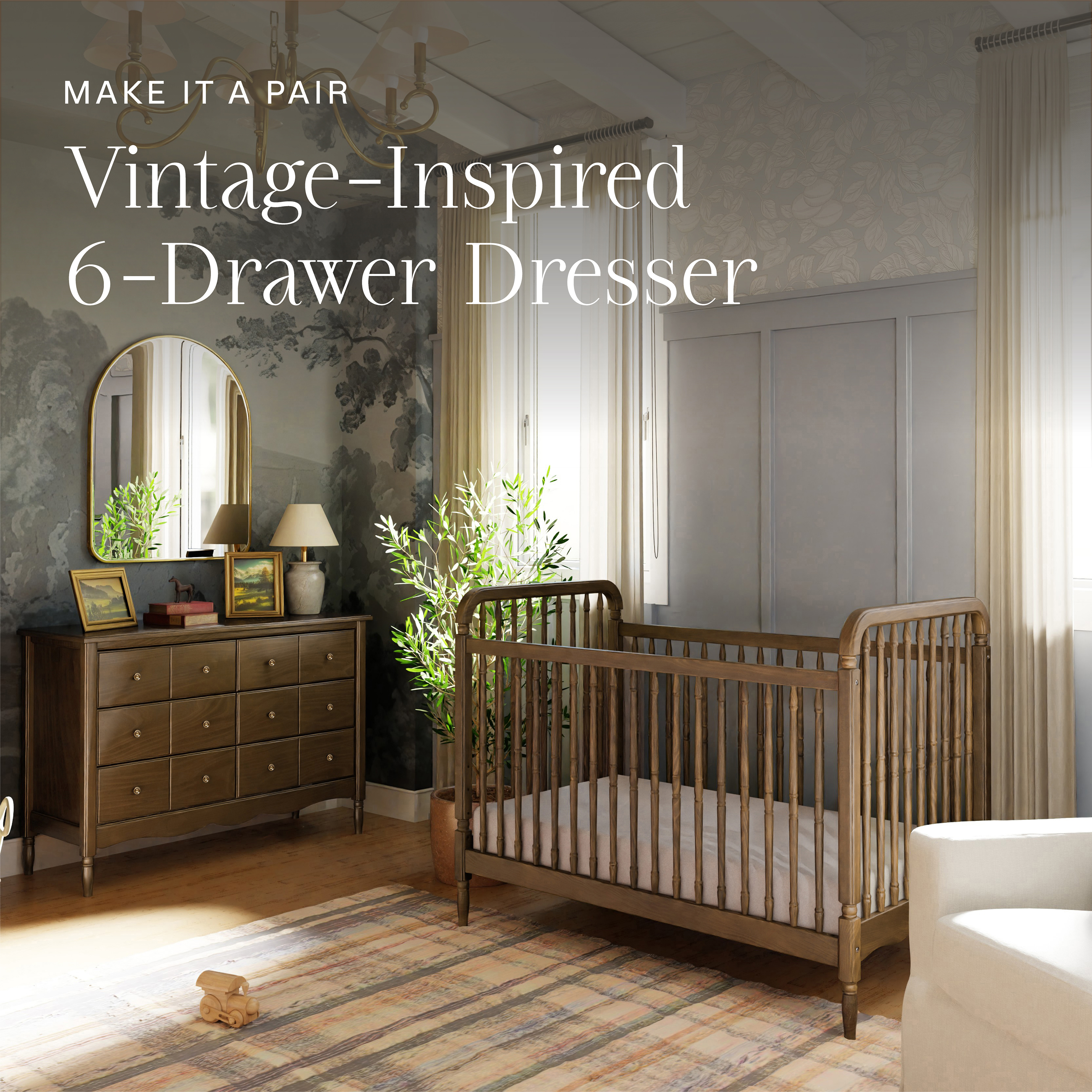 Namesake Liberty 3-in-1 Spindle Crib with Toddler Bed Conversion Kit - Natural Walnut.