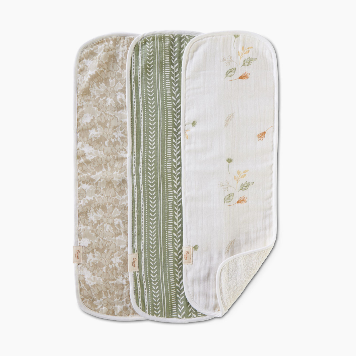 Crane Baby Cotton Muslin and Terry Burp Cloth Set (3 Pack) - Willow Ecru/Green.