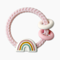 Itzy Ritzy Silicone Teether with Rattle; Rattle Teether Features Rattling Sound, Two Silicone Teething Rings and Raised Texture to Soothe Gums; Ages 3 Months and Up (Pink Rainbow)
