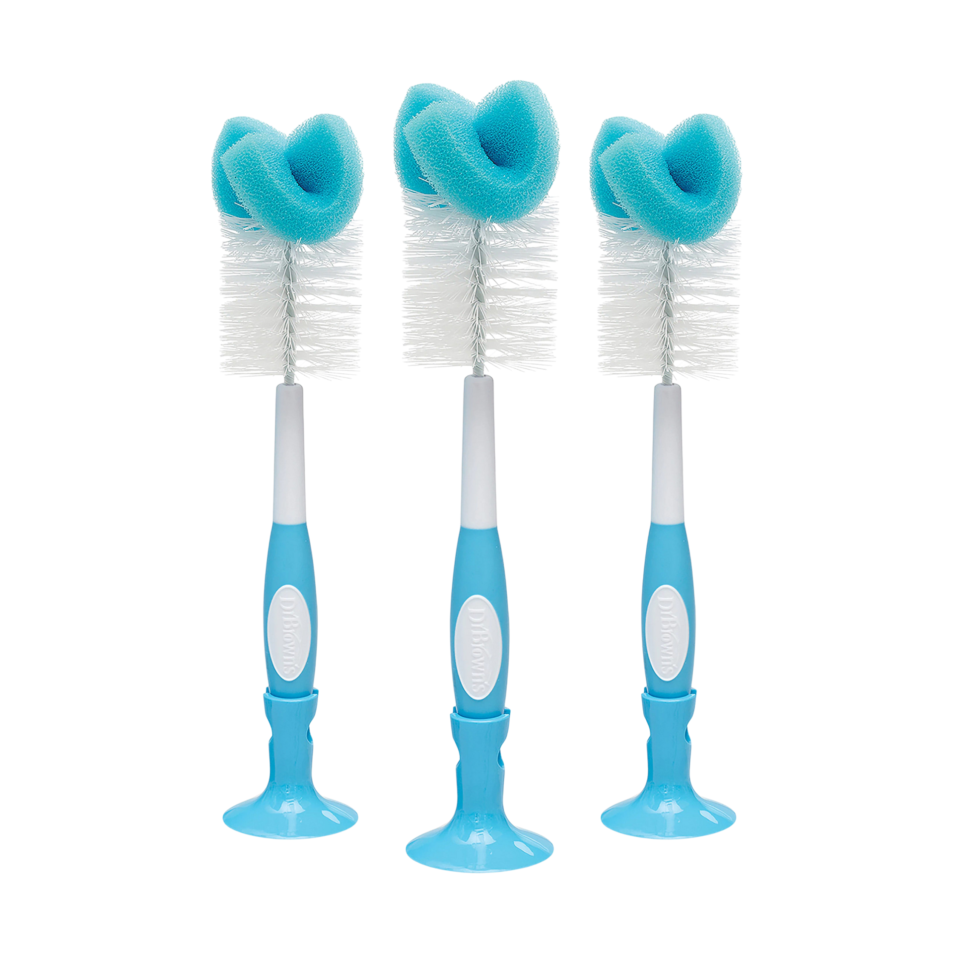 Dr. Brown's Reusable Sponge Baby Bottle Cleaning Brush Set with Suction Cup Stand, Scrubber and Nipple Cleaner, Blue 3-Pack