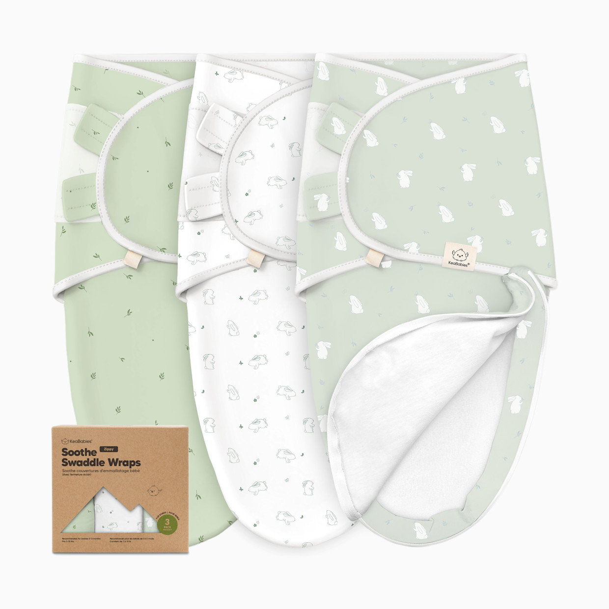 KeaBabies Soothe Zippy Swaddle Wraps (3 Pack) - Bunnies, One Size.