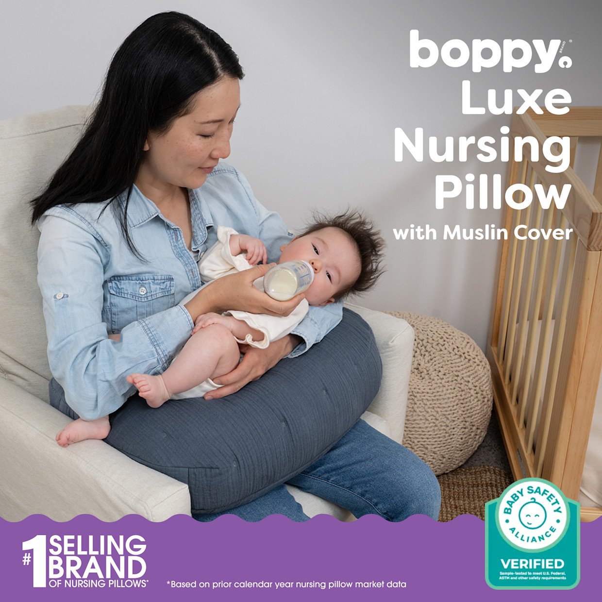 Boppy Nursing Pillow Luxe Muslin - Slate Blue Muslin.