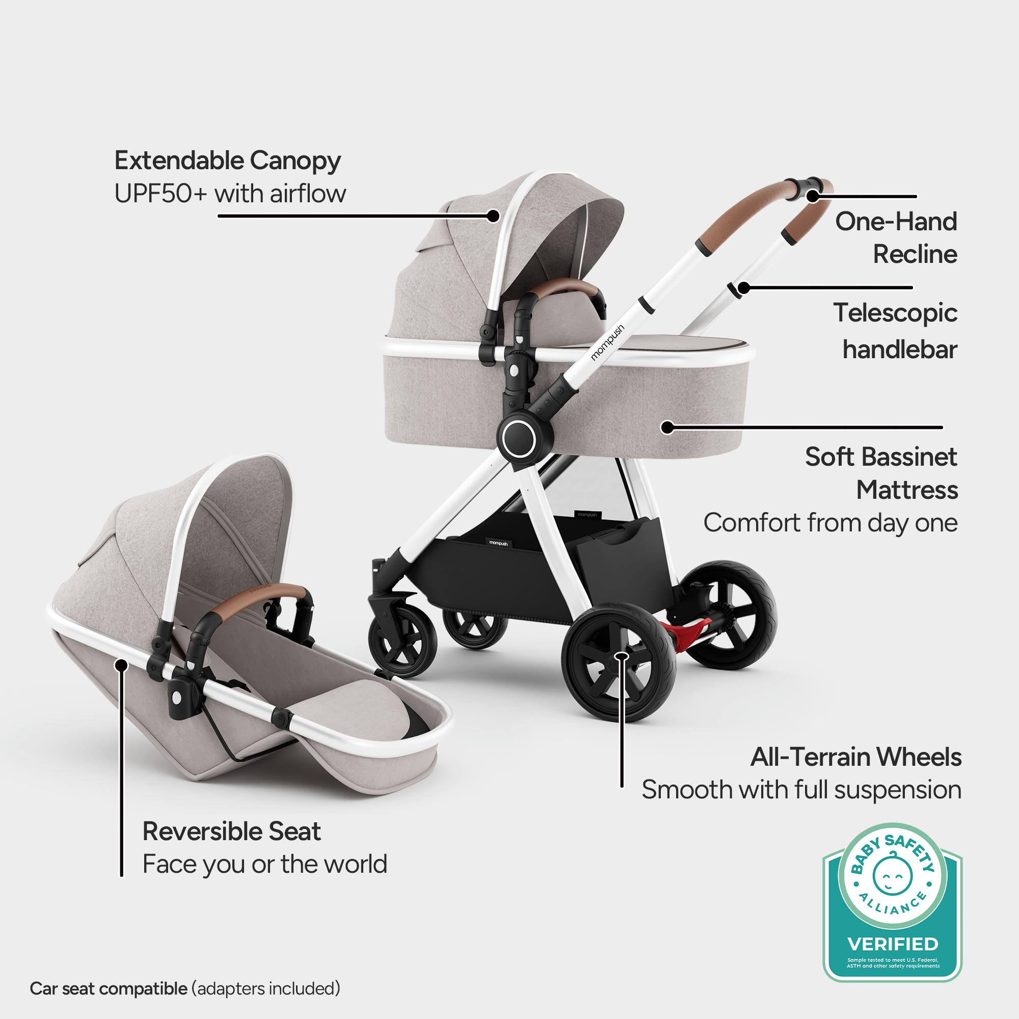 Mompush Ultimate 2 Stroller & Bassinet - Khaki.