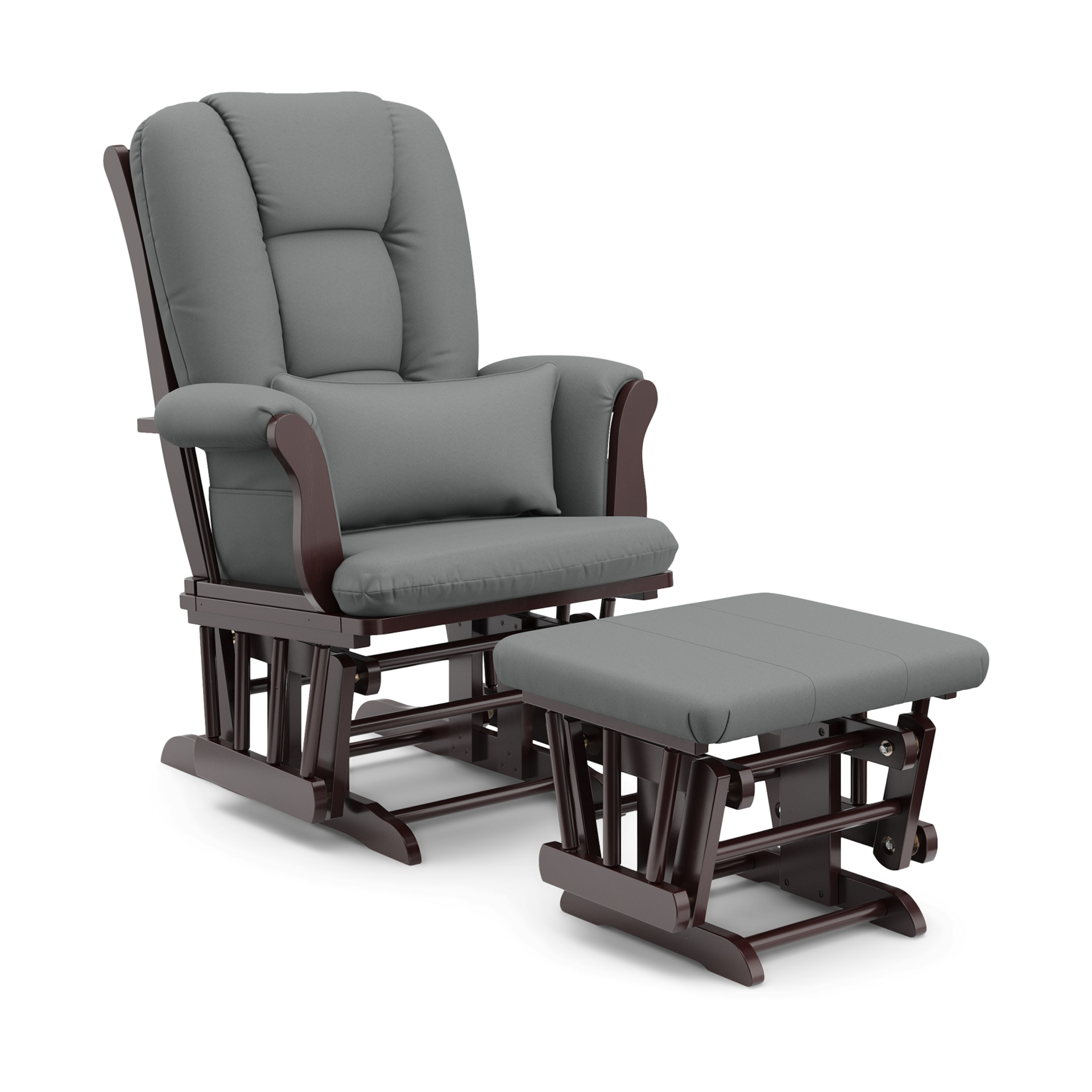 Storkcraft Tuscany Custom Glider and Ottoman with Free Lumbar Pillow (Espresso/Grey) - Cleanable Upholstered Comfort Rocking Nursery Chair with Ottoman