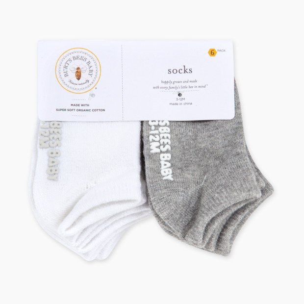 Burt's Bees Baby Ankle Socks (6 Pack) - Heather Grey/White Solid, 0-3 Months.