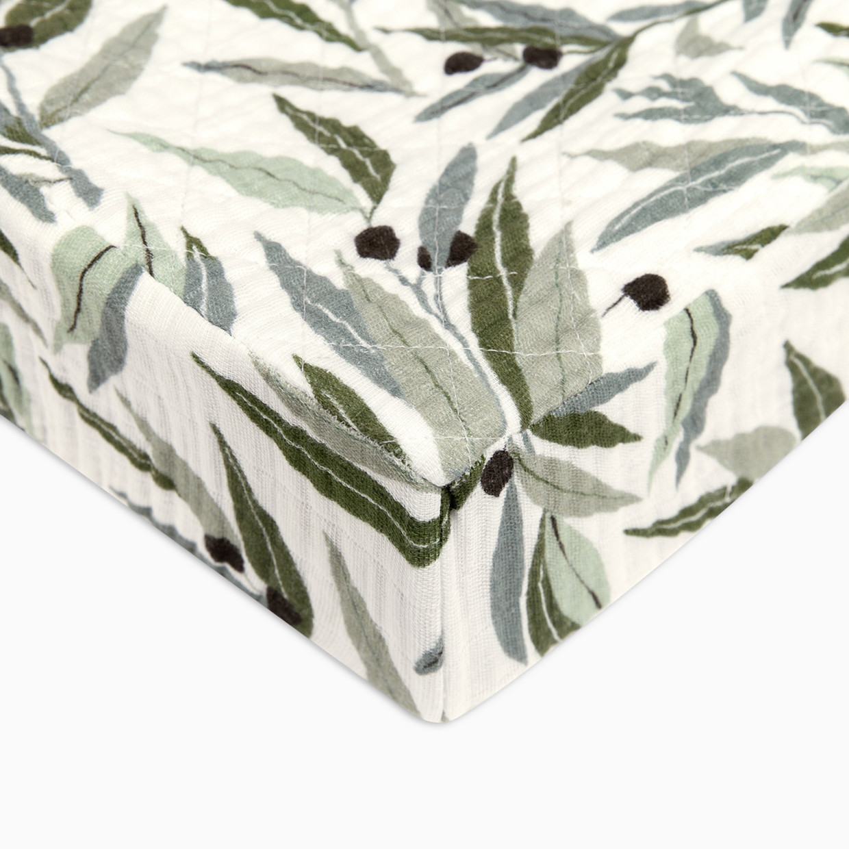 babyletto Quilted Changing Pad Cover in GOTS Certified Organic Muslin Cotton - Olive Branches.