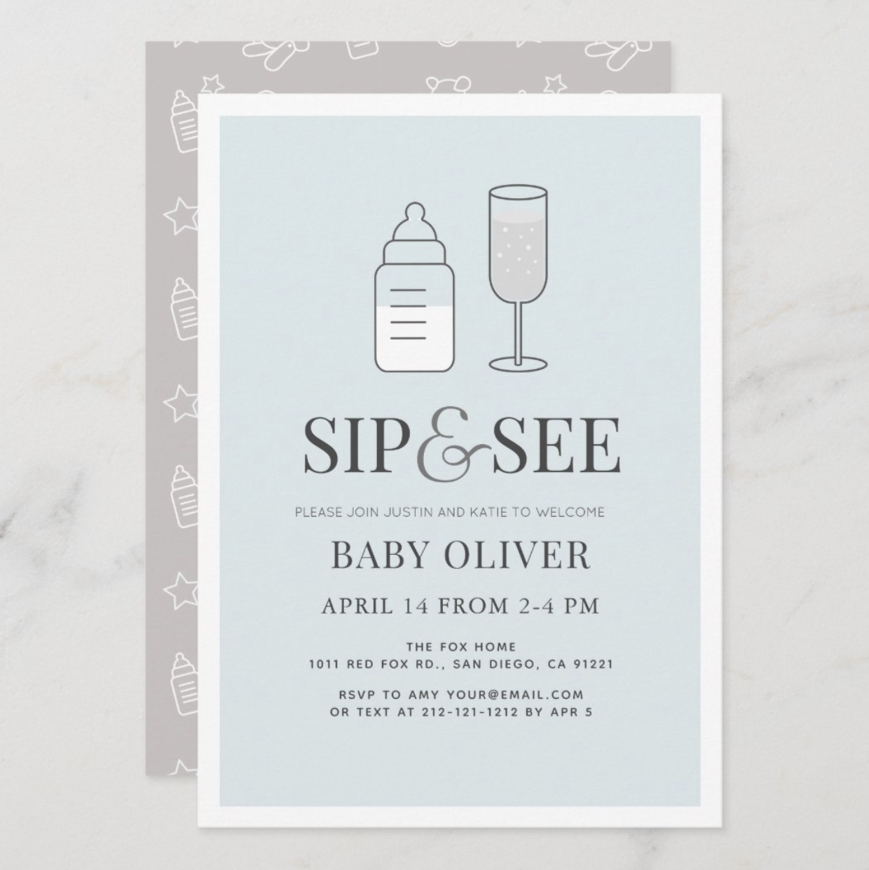 Sip & See Champagne Bottle Blue Baby Shower Invitation.