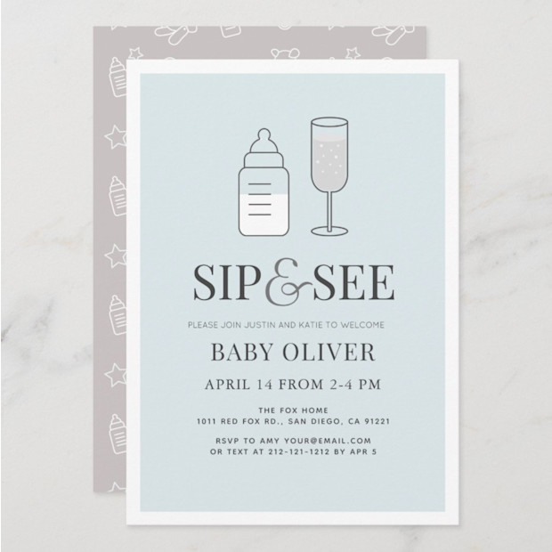 Sip & See Champagne Bottle Blue Baby Shower Invitation.