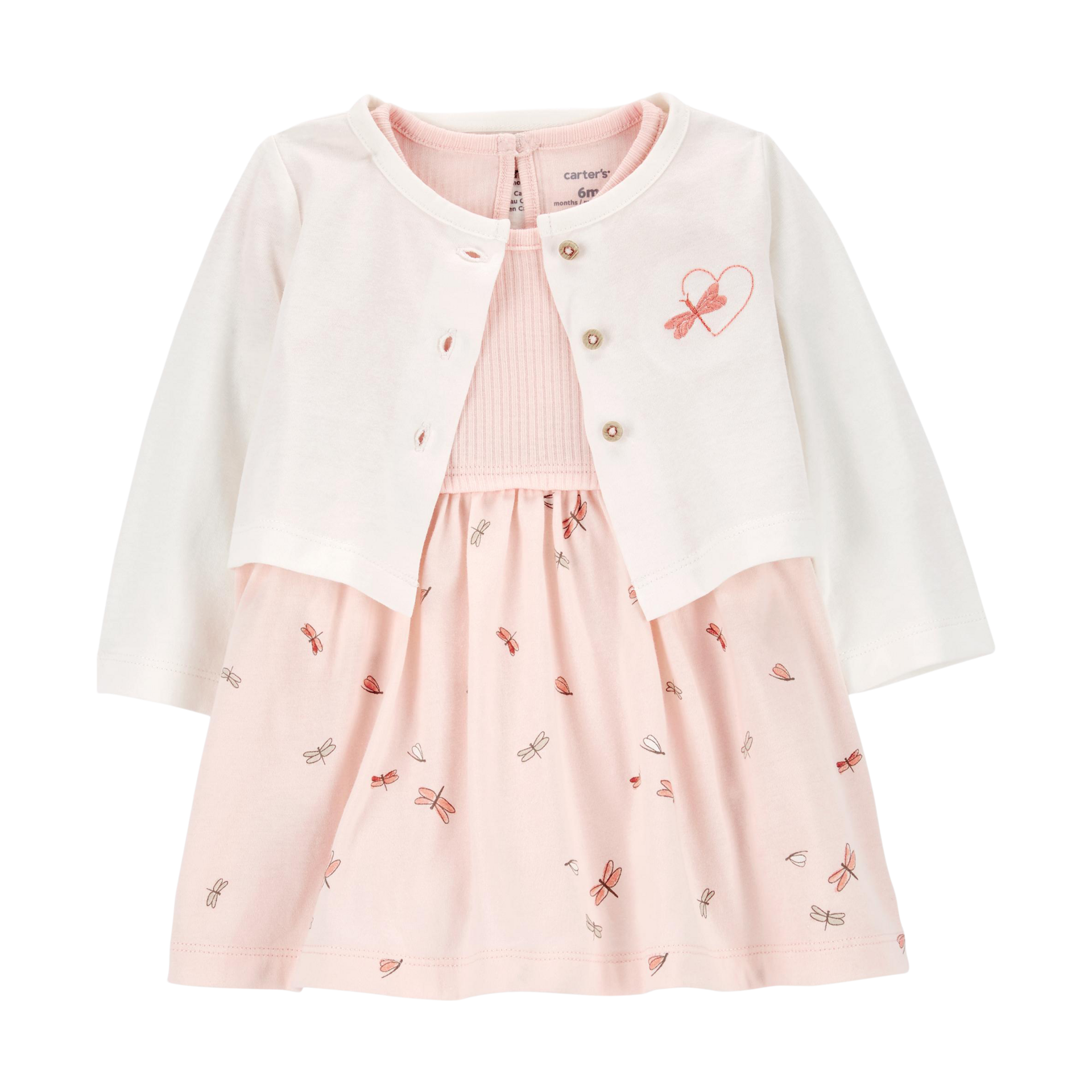 Carter's 2-Piece Bodysuit Dress & Cardigan Set - Pink, 6 M.