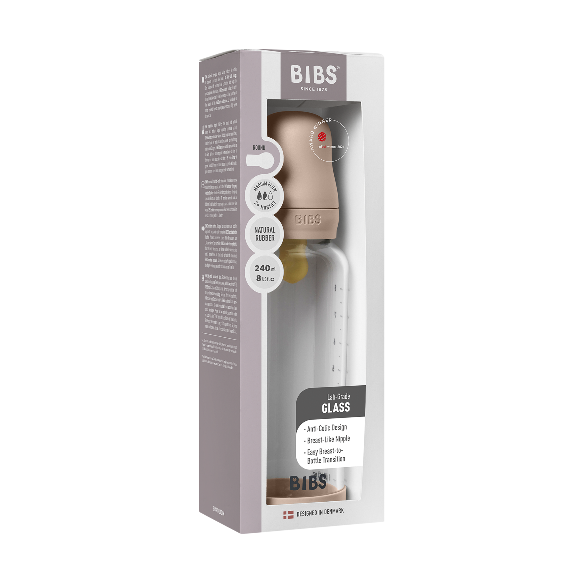 BIBS Baby Glass Bottle with Natural Rubber Nipple - Blush, 8oz.