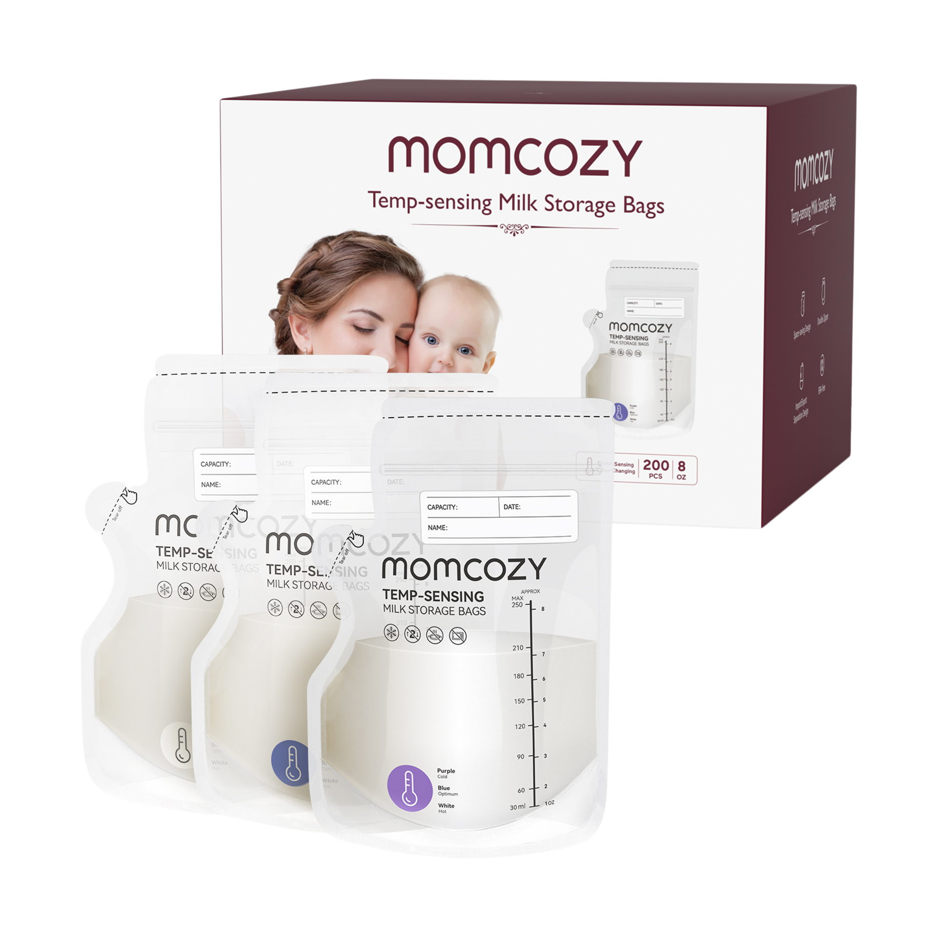 Momcozy Breastmilk Storage Bag, 8Oz, Temp-Sensing Color Change 200 Count Breast Milk Bags with Pour Spout, Milk Bag Self Standing for Breastfeeding, No Leak Presterilized for Freezer