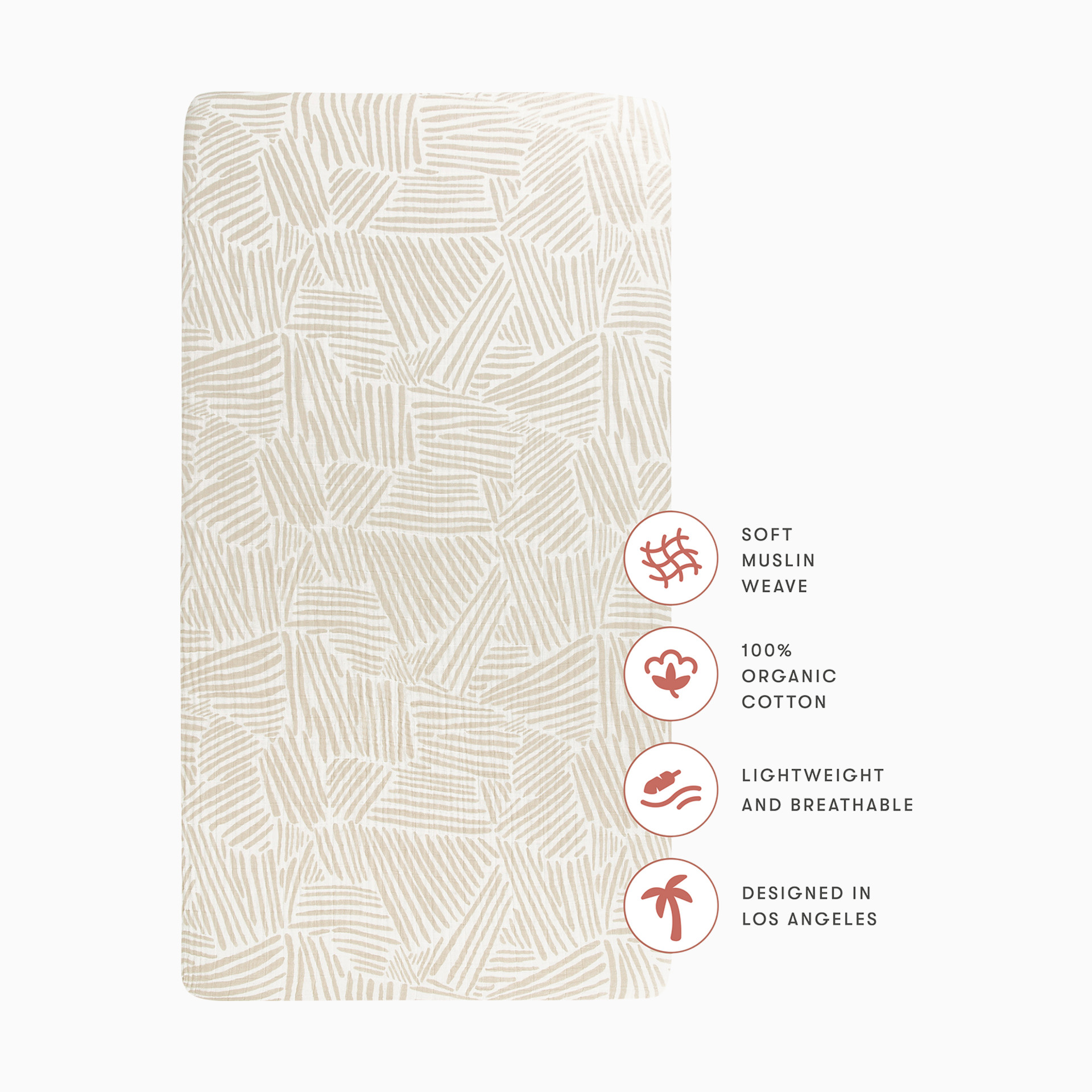 Text overlay showing details: soft muslin, organic cotton, lightweight.