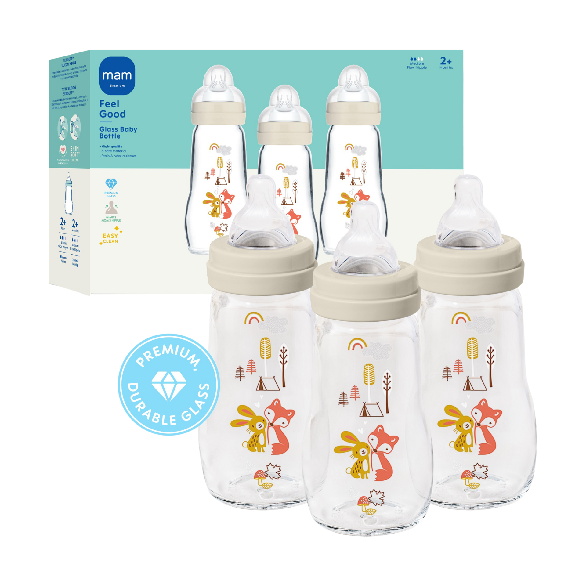 MAM Premium Glass Baby Bottles, Easy Switch Between Breast and Bottle, Feel Good Slow Flow, Newborn Essentials Must Have, 2+ Months, BPA Free, 9oz, Unisex, 3 Pack