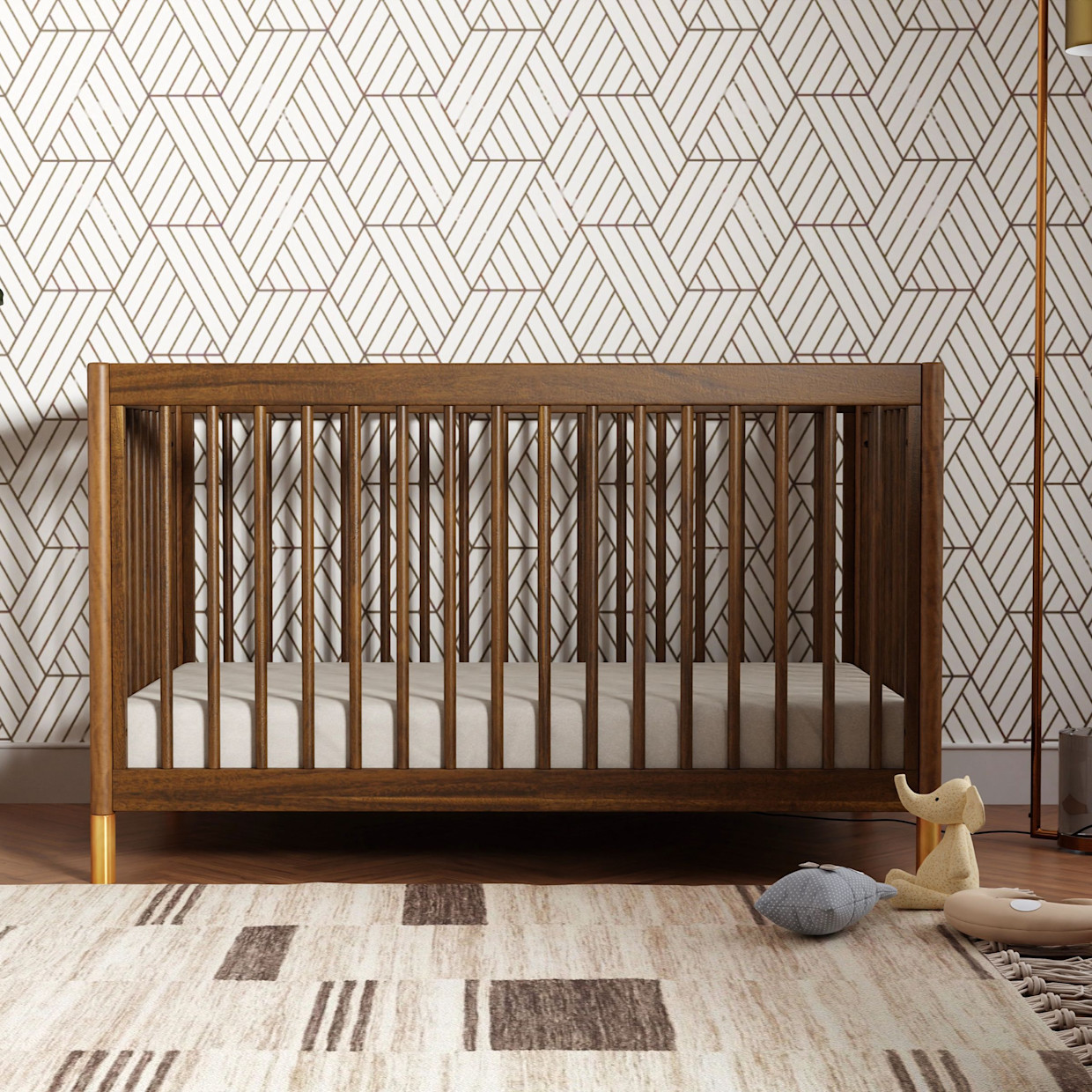 babyletto Gelato 4-in-1 Convertible Crib with Toddler Bed Conversion Kit - Natural Walnut & Gold Feet.