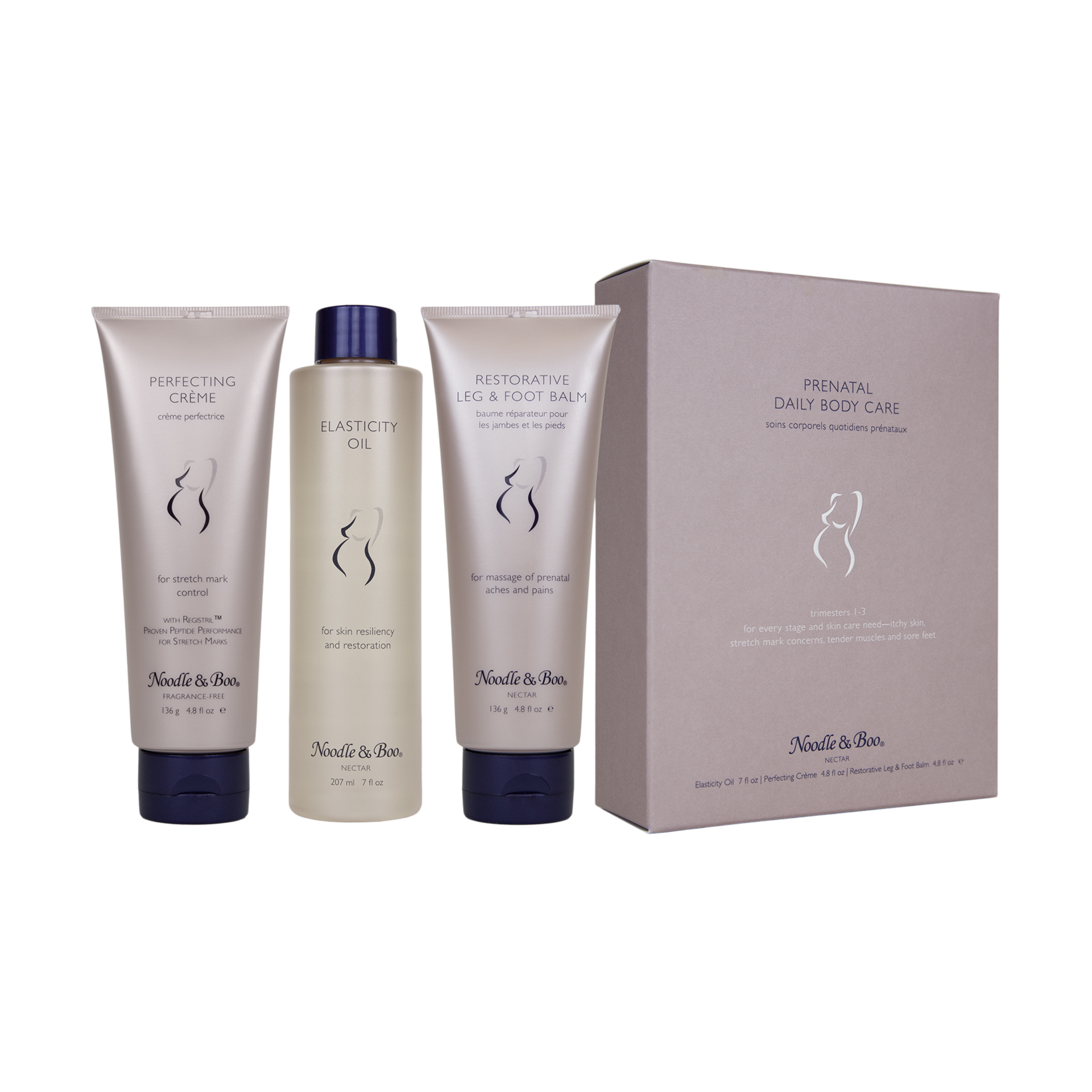 Noodle & Boo Prenatal Essential Daily Body Care Kit - Perfecting Crème, Elasticity Oil, Restorative Leg & Foot Balm, Trimester 1-3, 16.6 fl. oz.