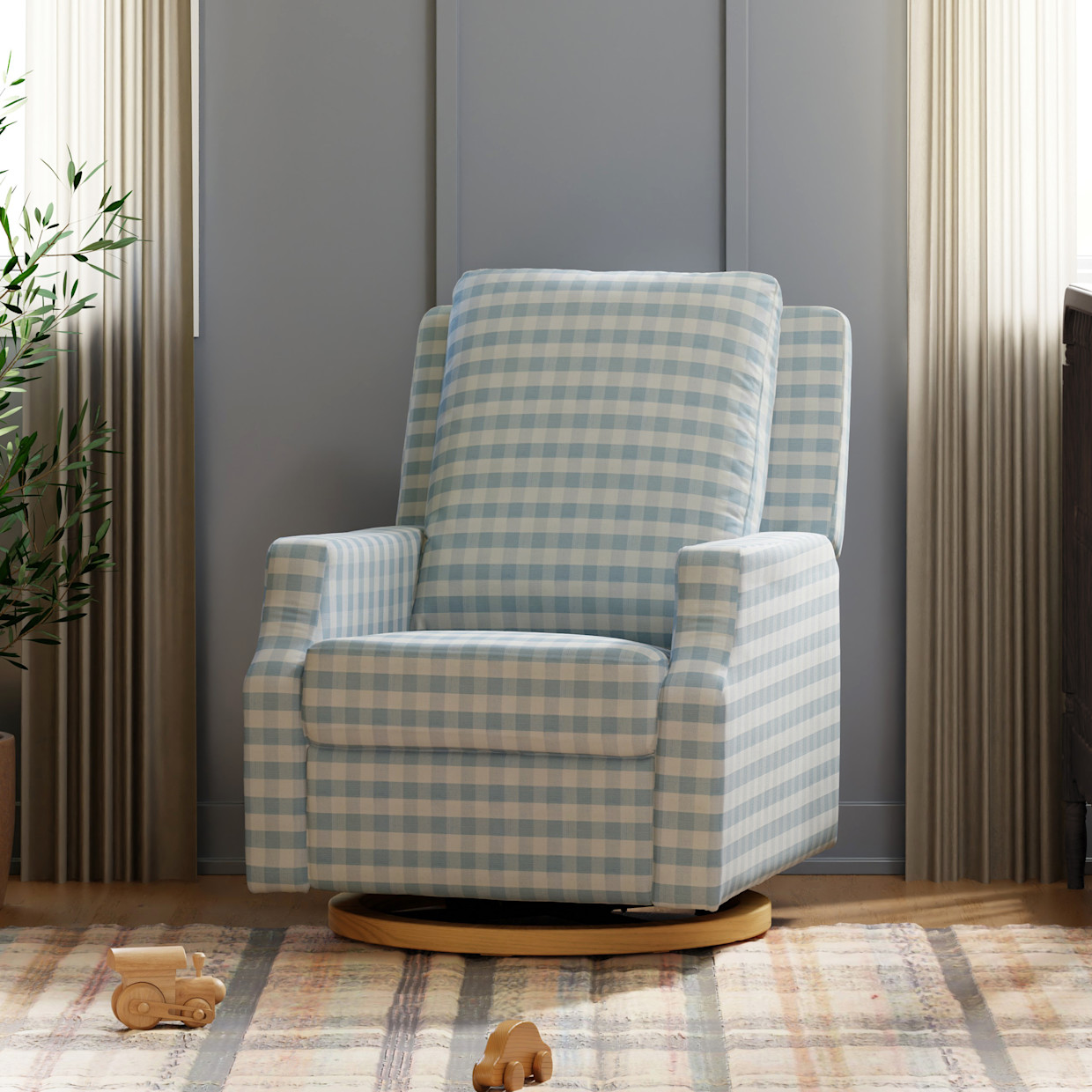 Namesake Crewe Electronic Recliner and Swivel Glider - Blue Gingham With Light Wood Base.