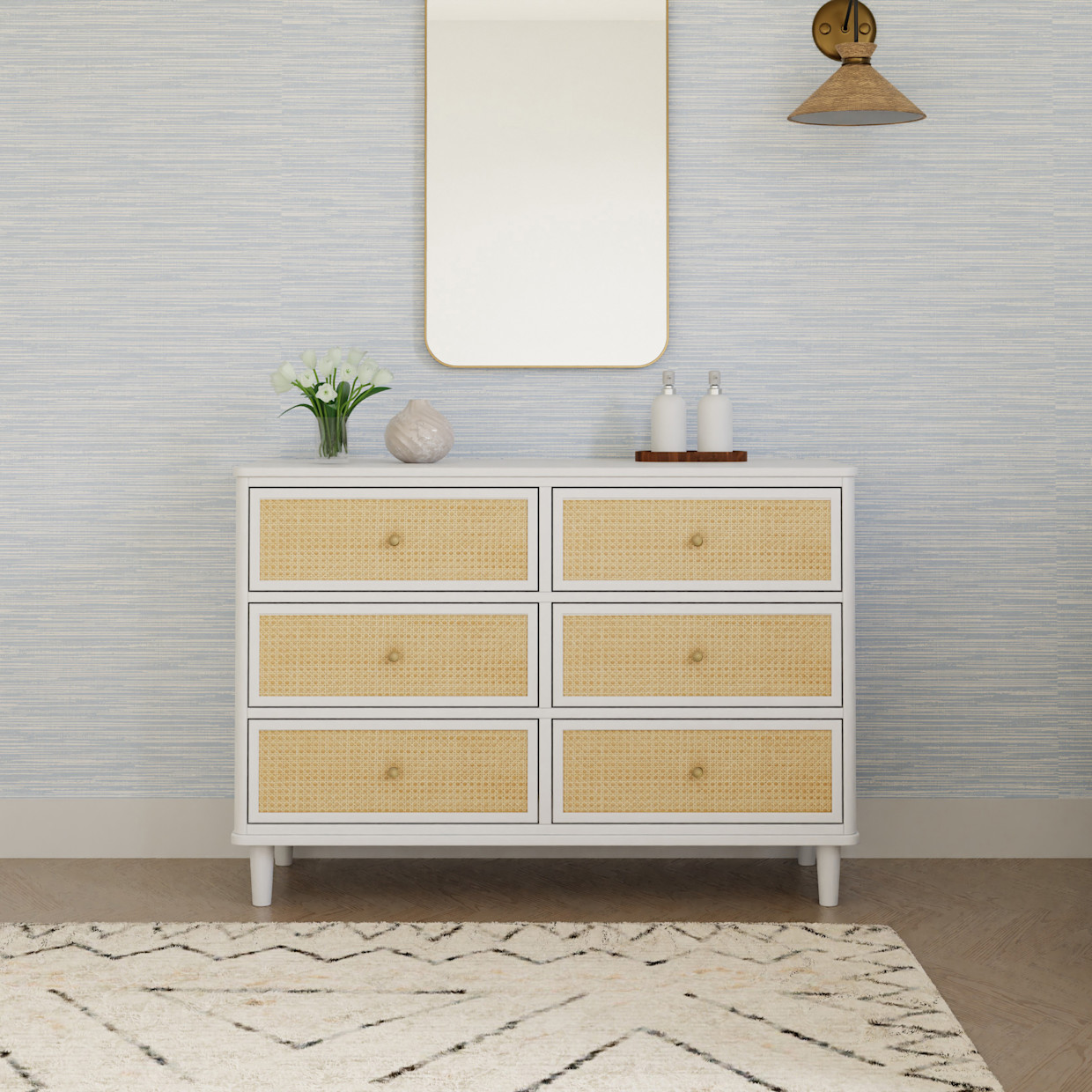 Namesake Marin 6 Drawer Dresser - Warm White/Honey Cane.