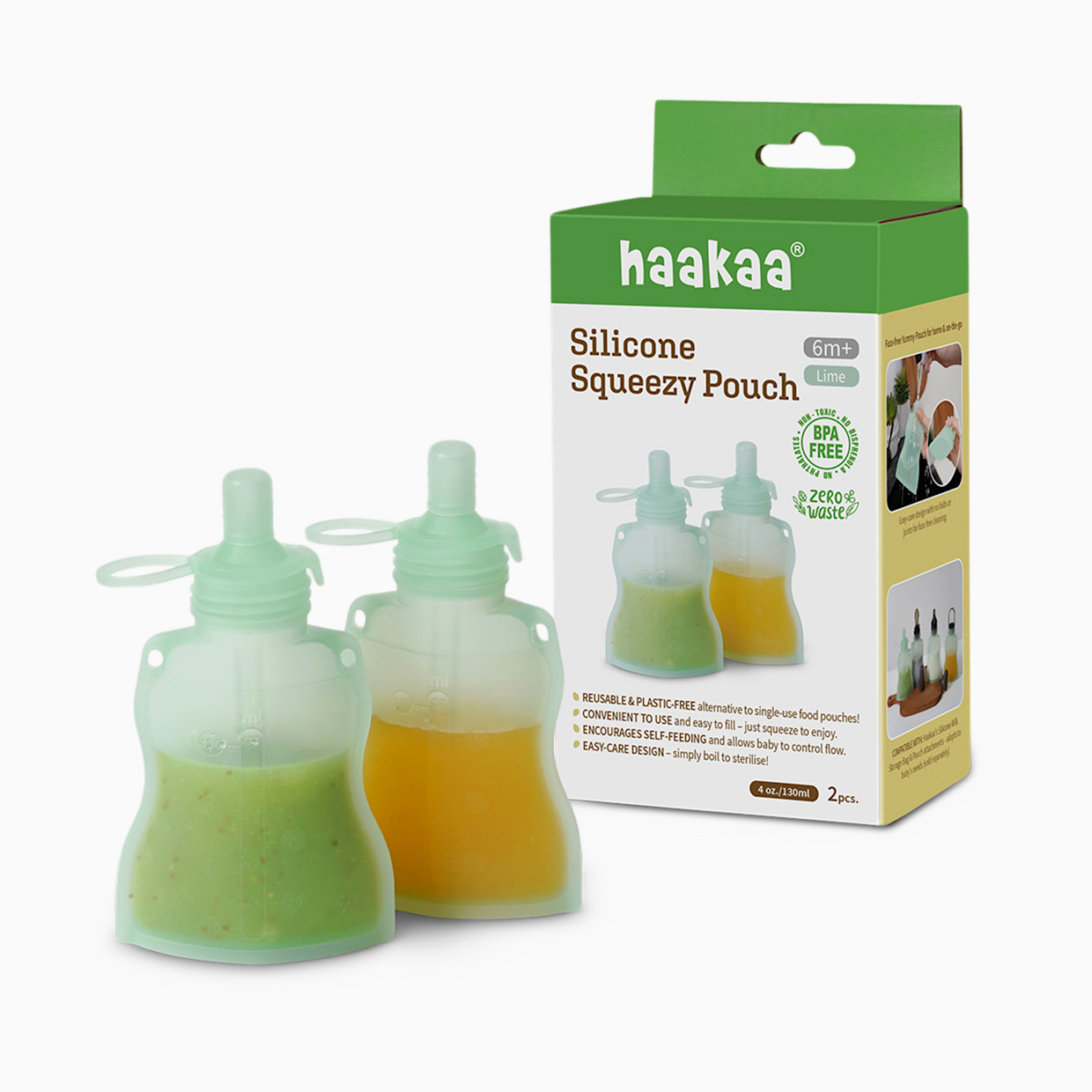Haakaa Silicone Yummy Pouch (2 Pack) - Lime, 4 Oz.
