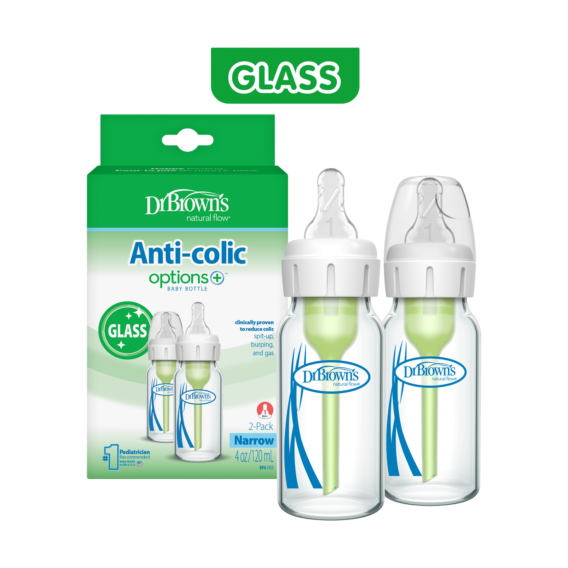 Dr. Brown's Anti-colic Options+ Narrow Glass Baby Bottle.