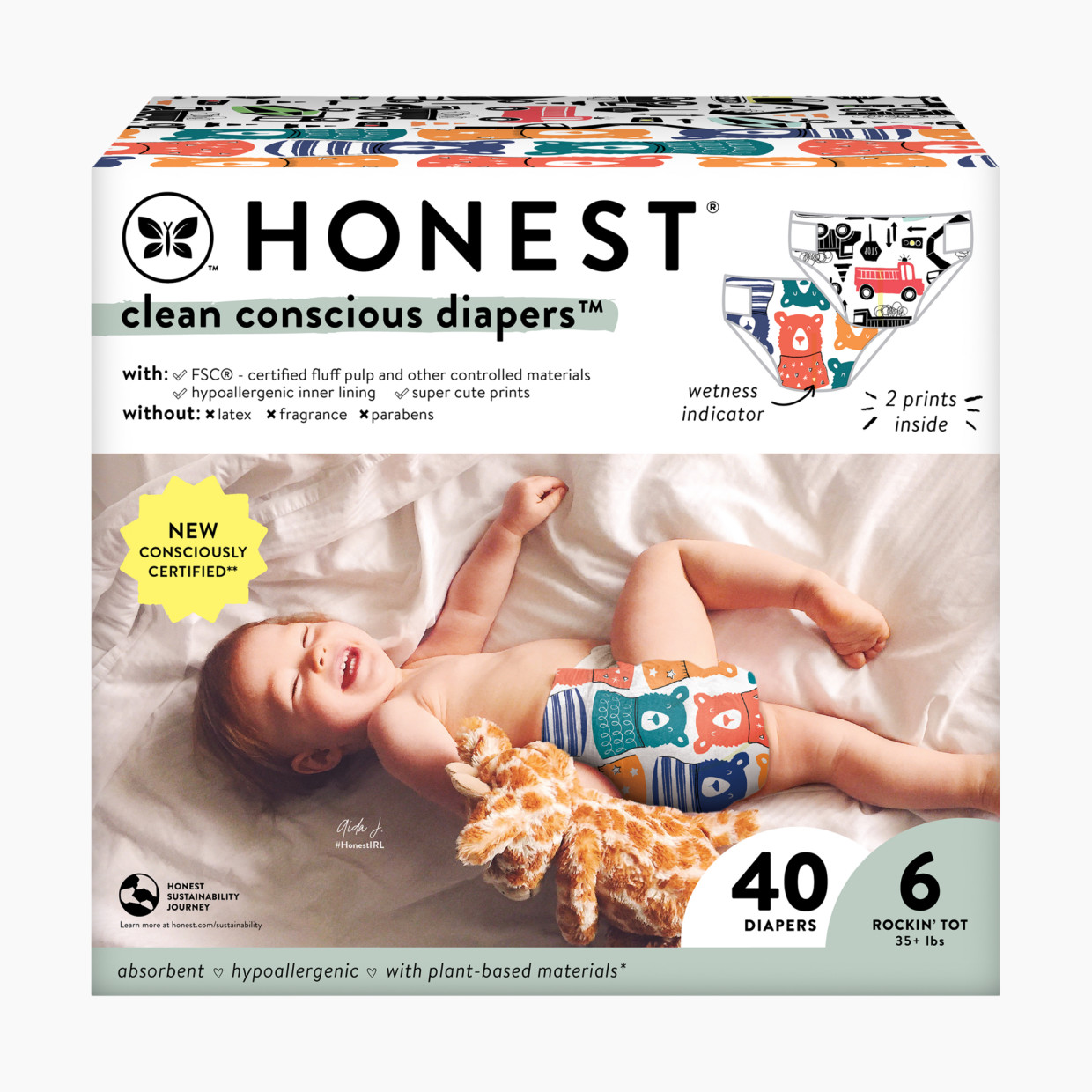 The Honest Company Clean Conscious Disposable Diapers - Beary Cool + Big Trucks, Size 6, 40 Count.