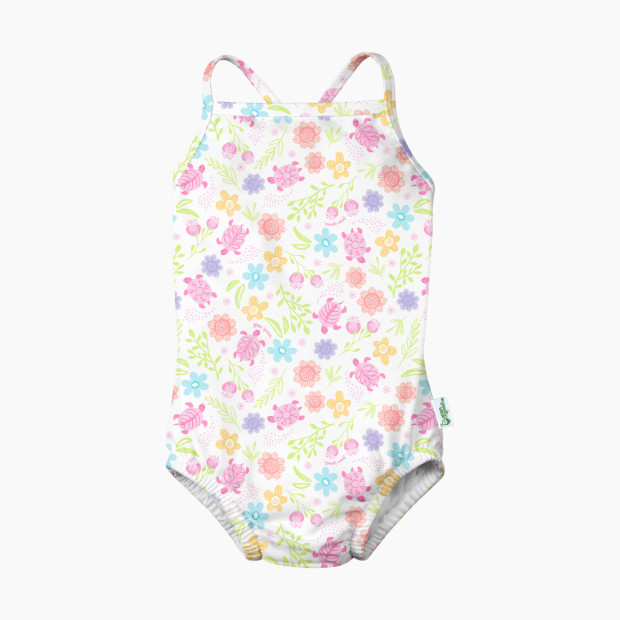 GREEN SPROUTS One-Piece Swimsuit With Built-In Swim Diaper - White Turtle Floral, 12 Months.