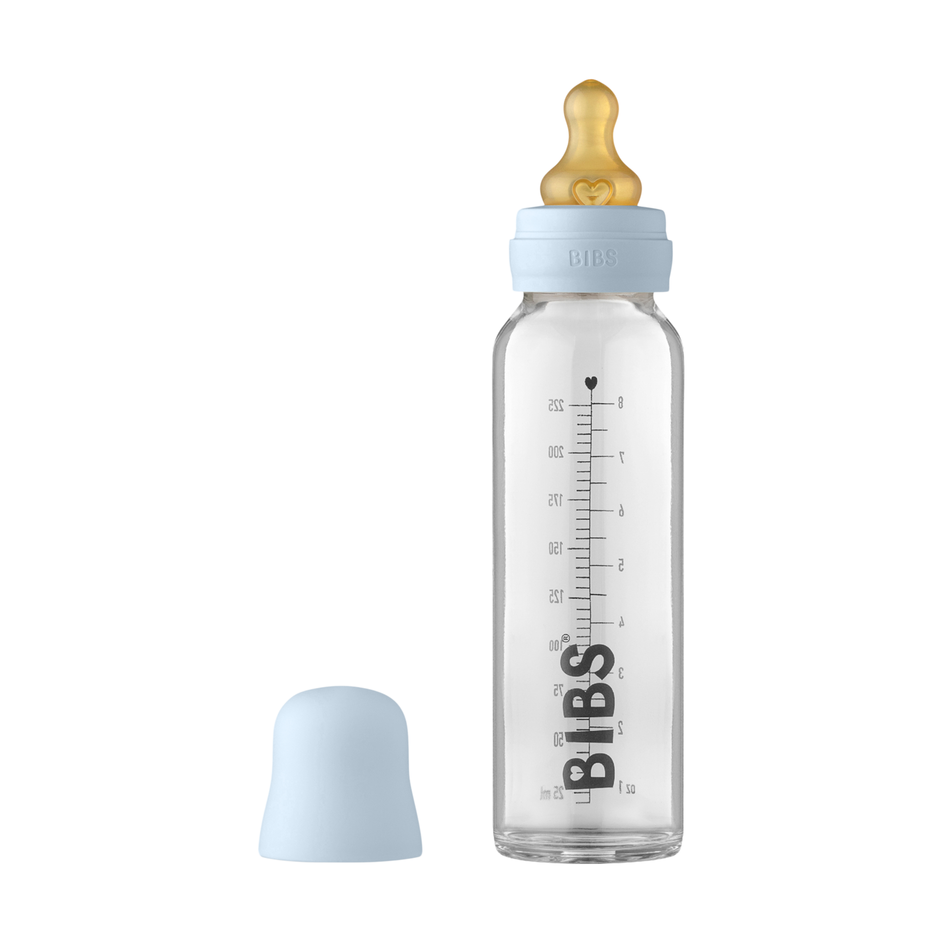 BIBS Baby Glass Bottle Complete Set with Natural Rubber Nipple Baby Blue, 8 Oz Babylist Shop