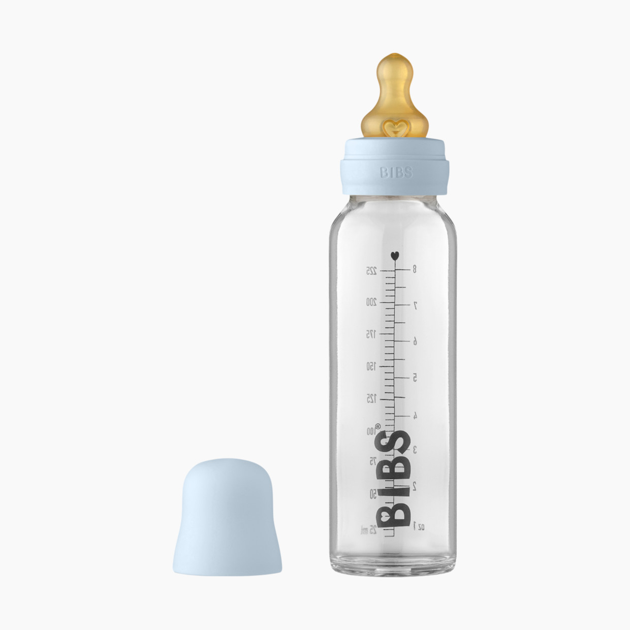 BIBS Baby Glass Bottle Complete Set with Natural Rubber Nipple - Baby Blue, 225ml.