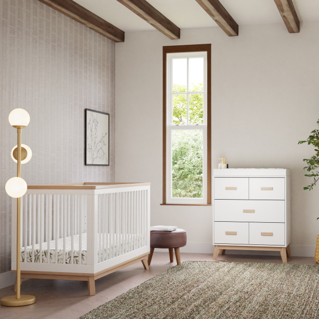 babyletto Scoot 3-Drawer Changer Dresser with Removable Changing Tray - White / Washed Natural.