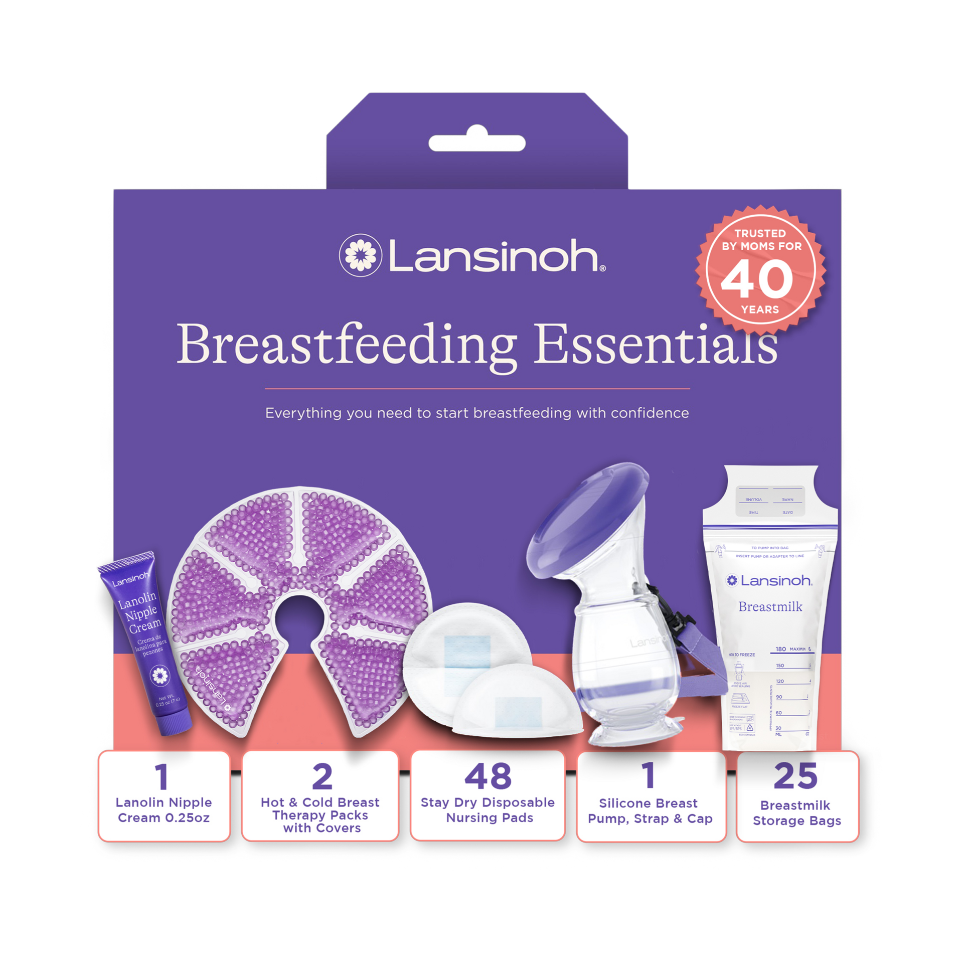 Lansinoh You’ve Got This Breastfeeding Essentials Kit for New Moms, 77-Piece Gift Set with Nursing Pads, Breastmilk Storage Bags, Nipple Cream, Hot & Cold Therapy Packs, and Silicone Breast Pump