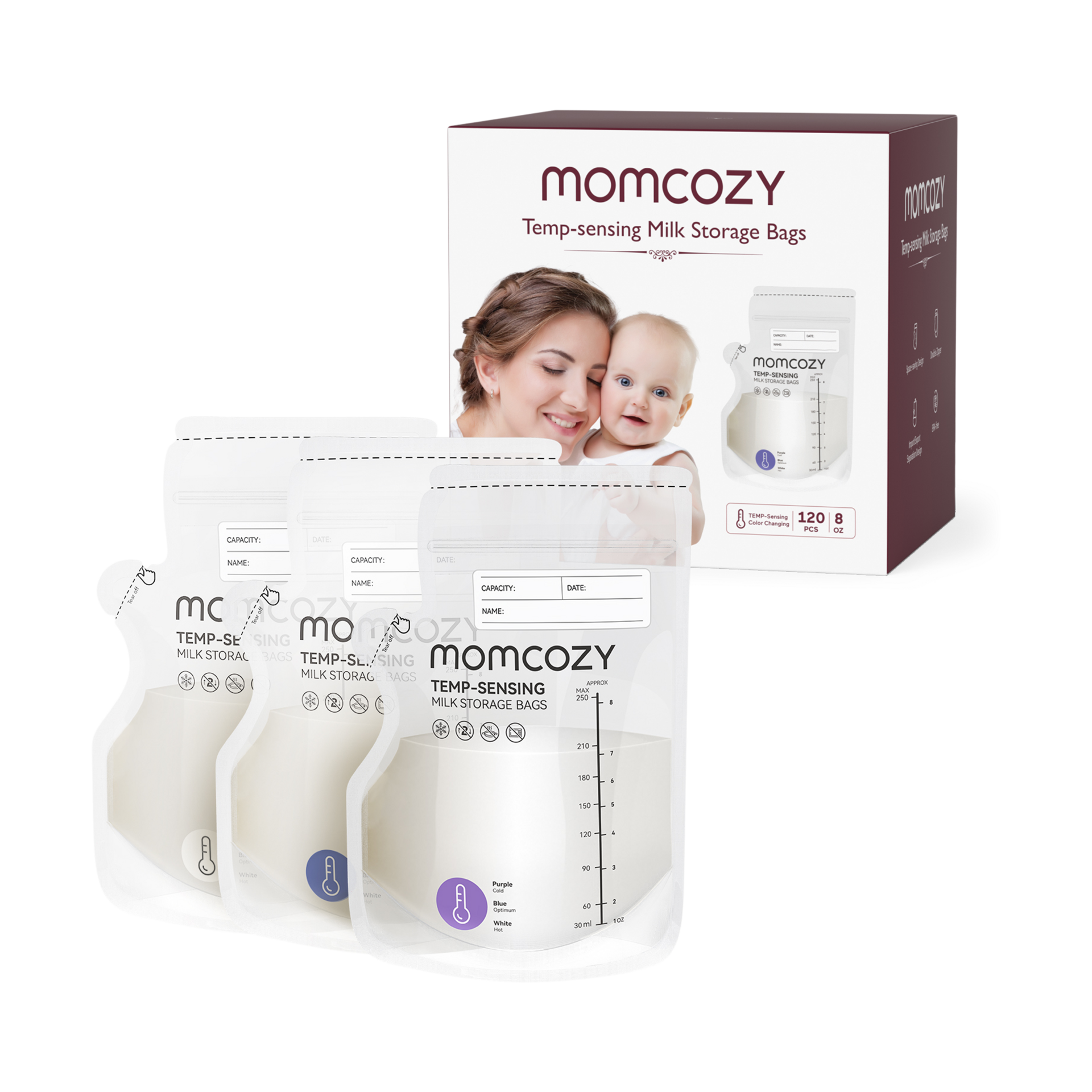 Momcozy Easy Pour Breastmilk Storage Bag, 8Oz, Temp-Sensing Color Change, 120 Count Milk Bag with Self Standing for Breastfeeding, No Leak Presterilized for Freezer, Recyclable & BPA Free