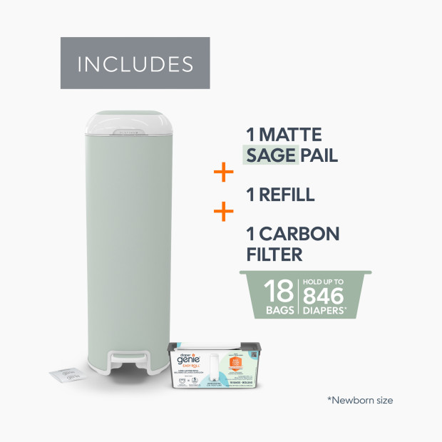 Diaper Genie Platinum Stainless Steel Diaper Pail with Easy Roll Refill Bags - Sage Green, Unscented.
