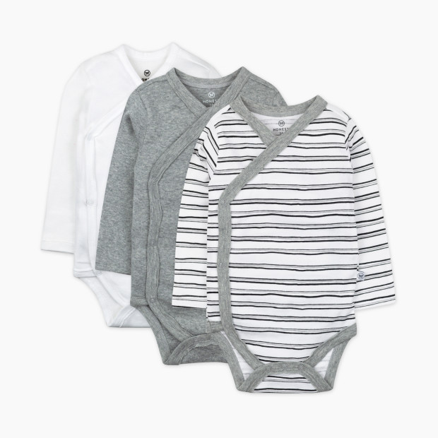 Honest Baby Clothing 3-Pack Organic Cotton Long Sleeve Side-Snap Bodysuits, Honestly Pure White - Sketchy Stripe, 0-3 M.