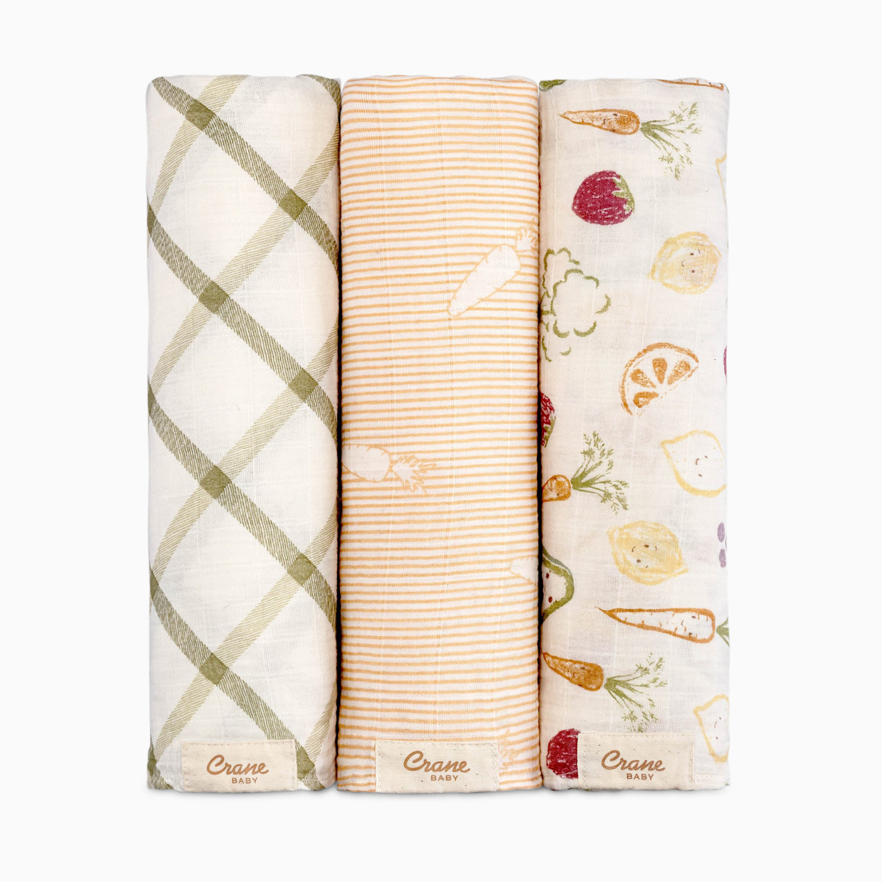 Crane Baby Cotton Muslin Swaddles (3 Pack) - Clementine Fruits & Veggies.