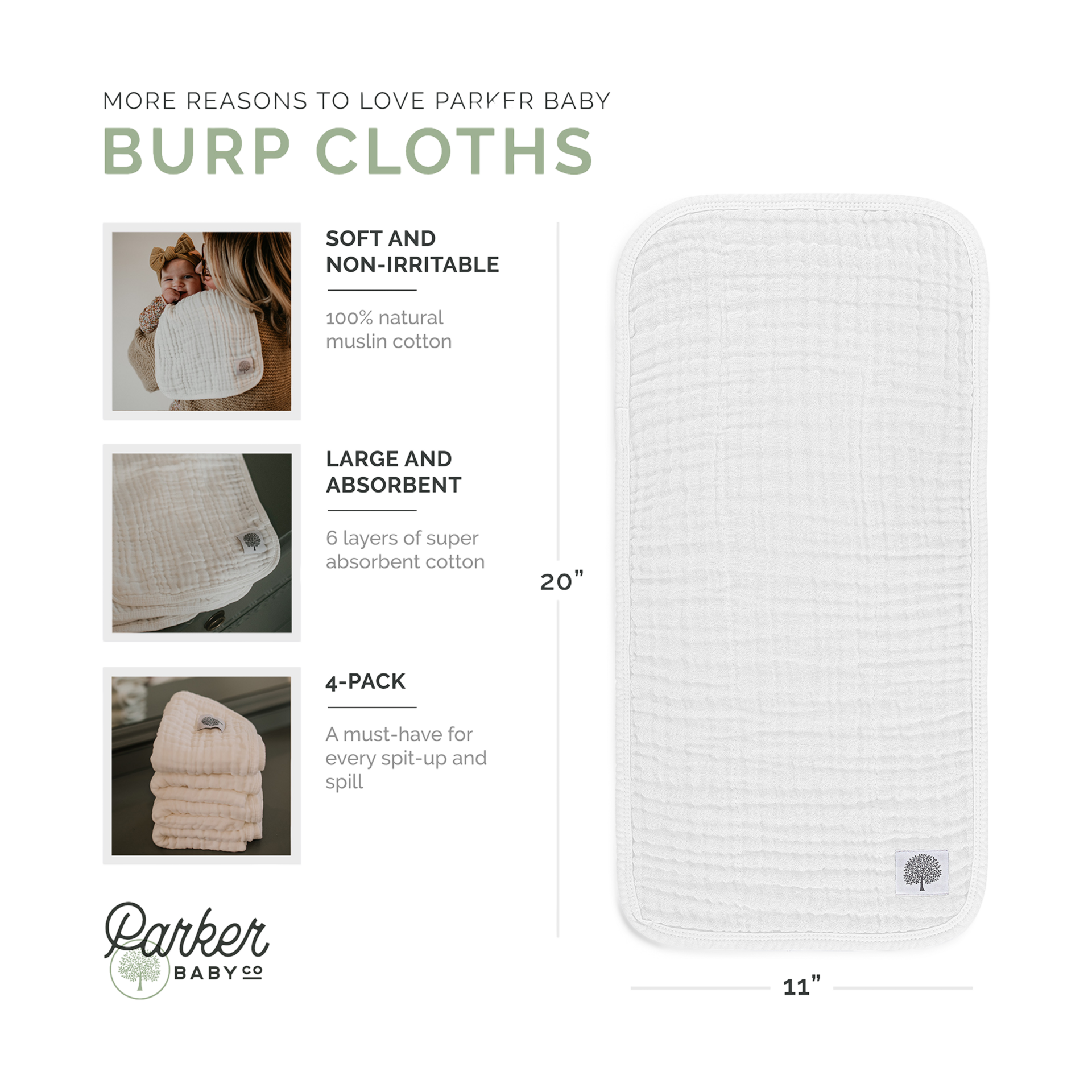 Parker Baby Co. Muslin Cotton Burp Cloths (4 Pack) White Set