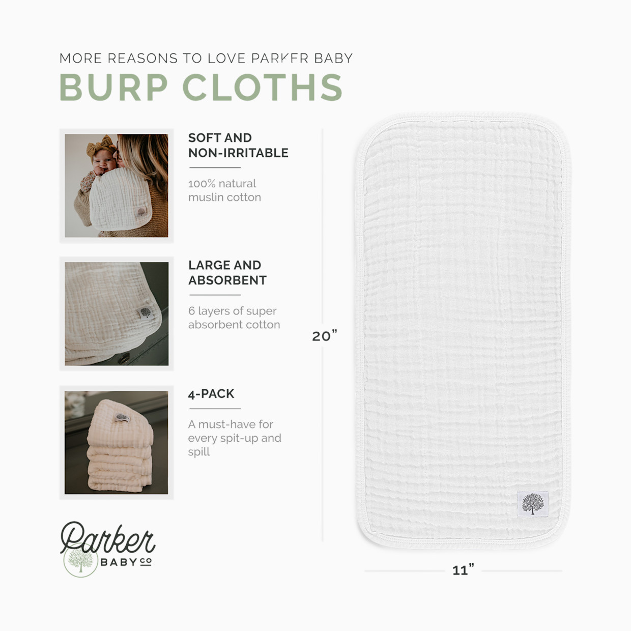 Parker Baby Co. Muslin Cotton Burp Cloths (4-Pack) - White Set.