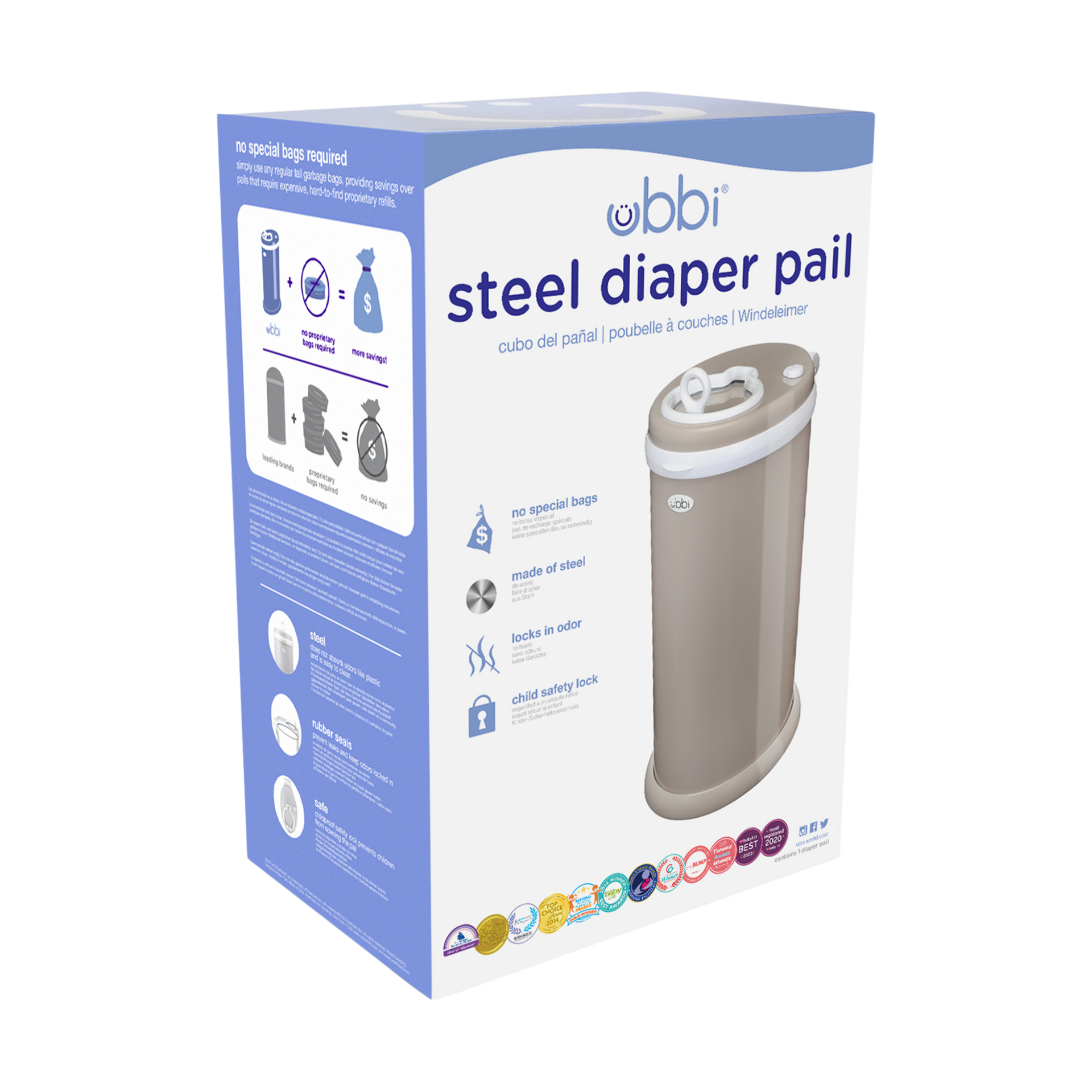 Ubbi Stainless Steel Diaper Pail - Taupe.
