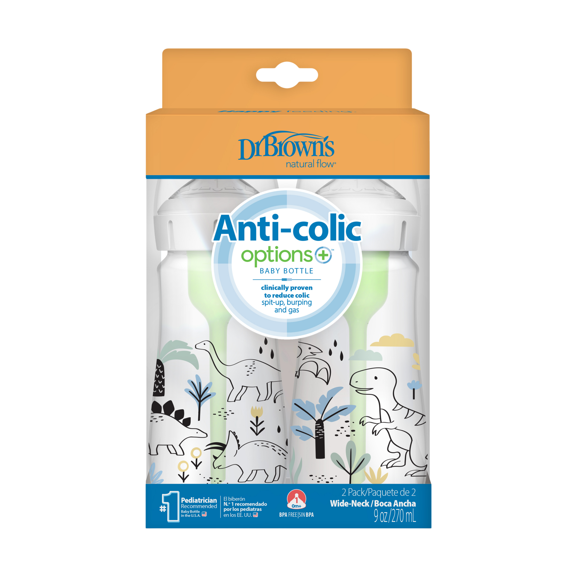 Dr. Brown's Anti-colic Options+ Wide-Neck Baby Bottle, 5oz (2 Pack) - Dino Designs, 9 Oz.